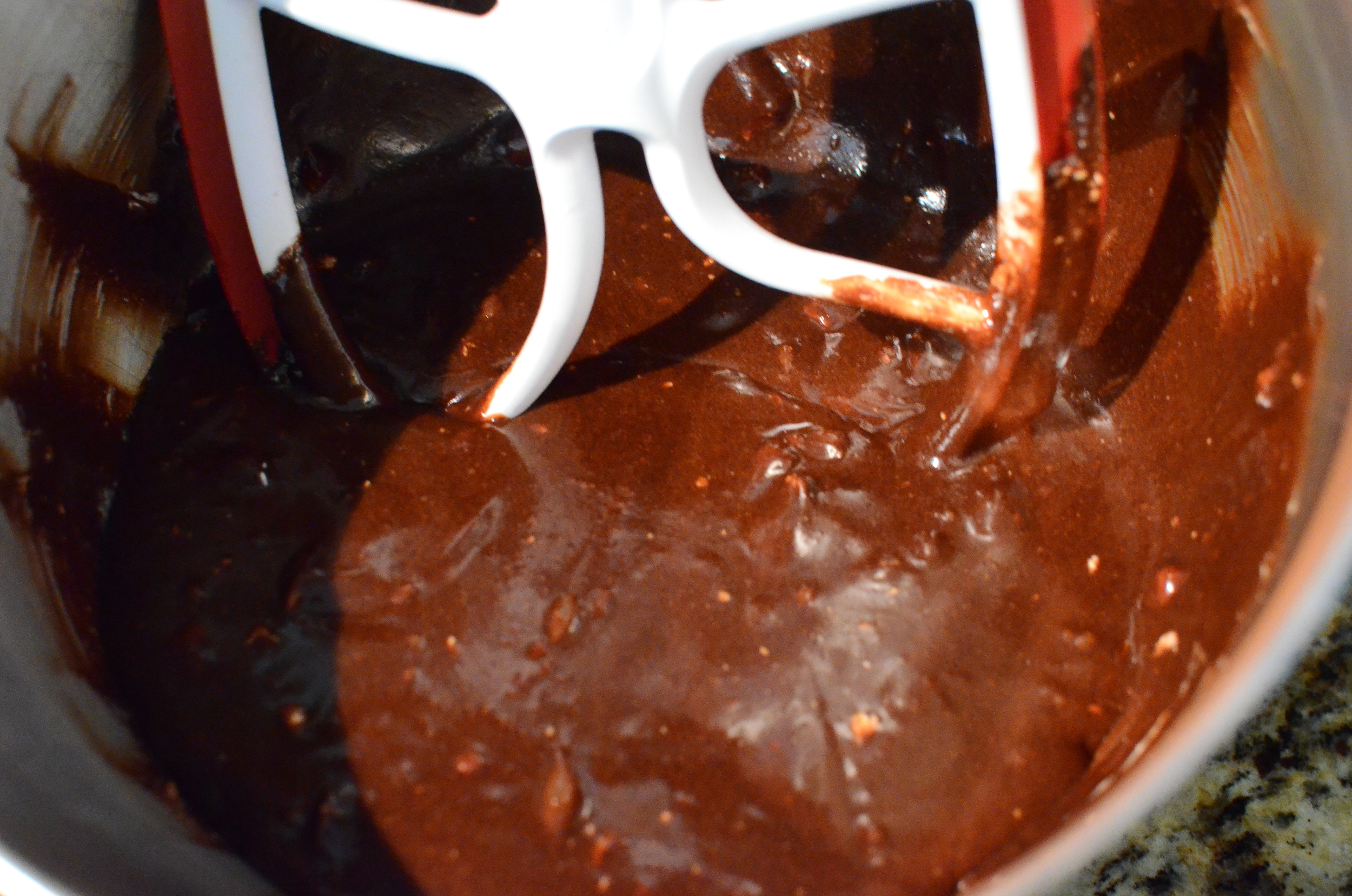 Mixing done. The book says it's okay to have lumps of cream cheese in the batter. I'm not happy about them, but okay. 