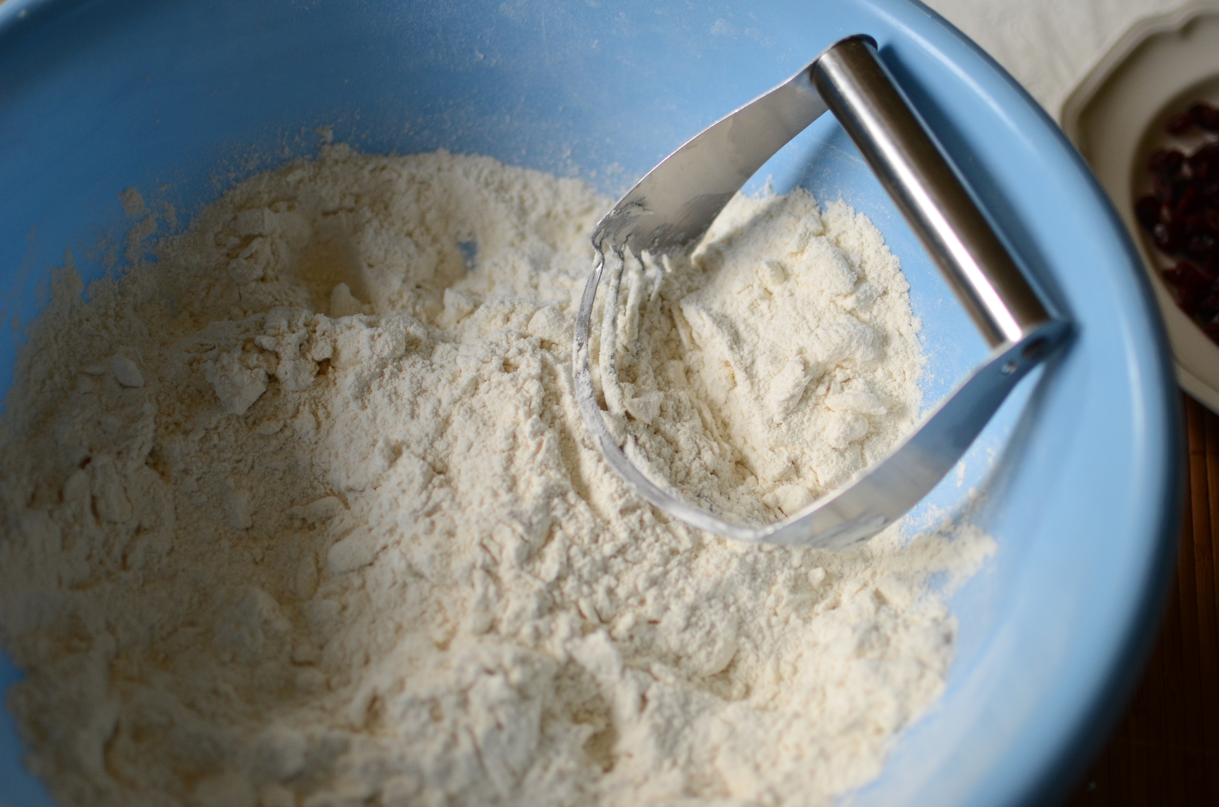 A pastry blender is used to cut the cream cheese into the flour mixture. Cream cheese stays pretty soft even when chilled so this step took a little more time than cutting in cold butter would have. 