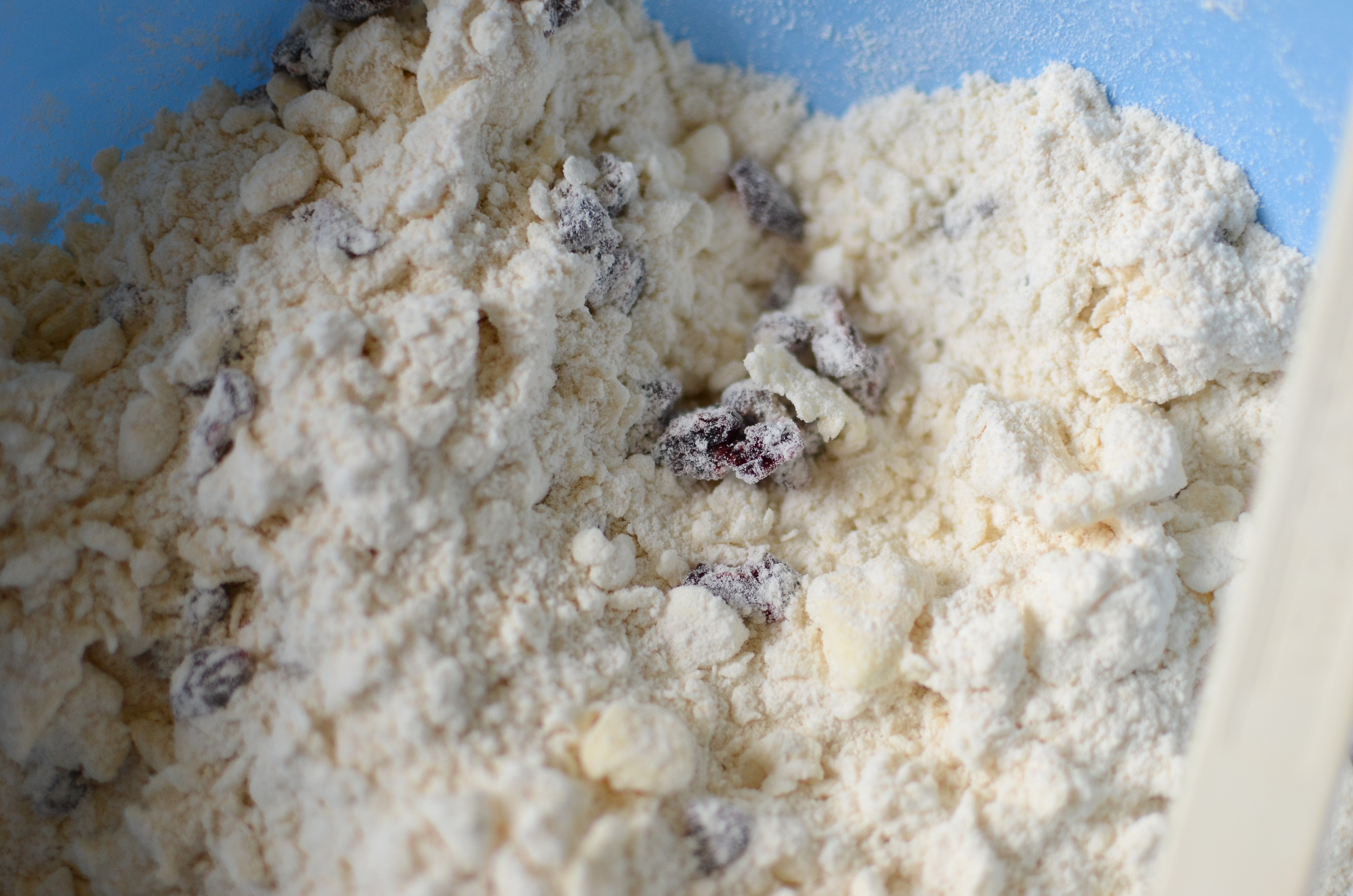 Once that was done, I stirred in the dried cranberries that were cut into small pieces. You cold eliminate cutting the cranberries, but I like the way the small bits of fruit look dispersed throughout the dough. Like little bits of cranberry confetti. 