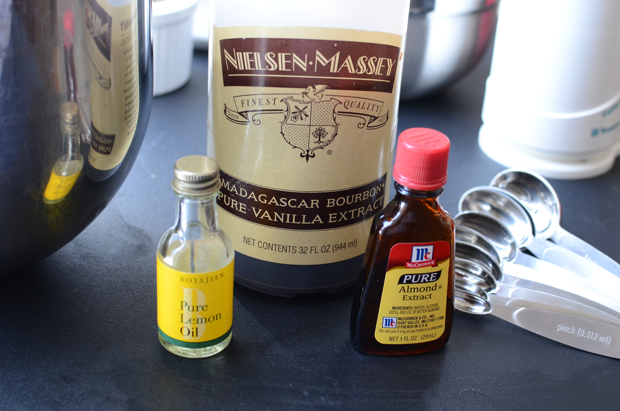 .. .pure lemon oil, pure vanilla extract, and pure almond extract.