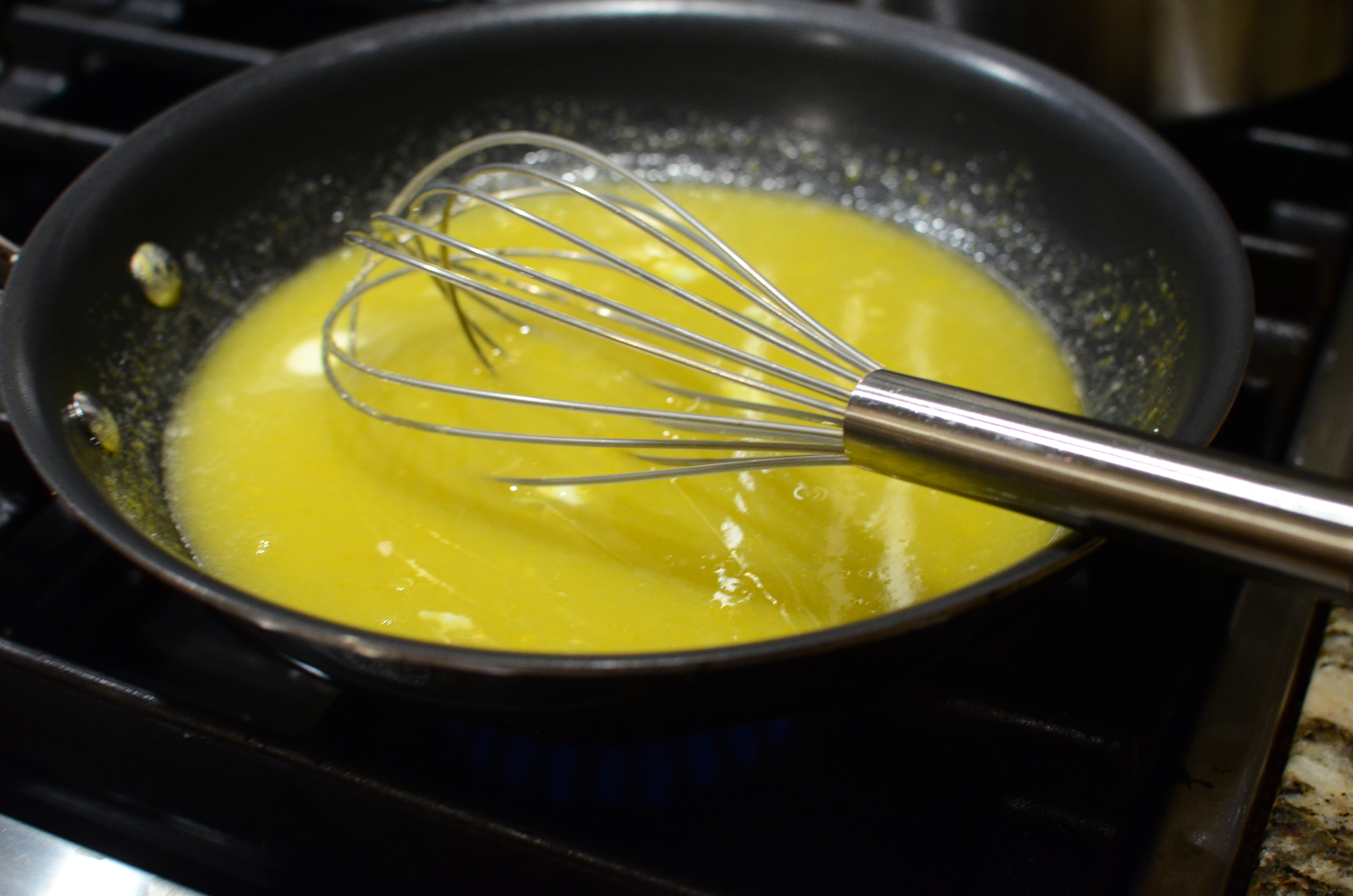 The recipe for the glaze is small. I made mine in a nonstick skillet. I used a silicone whisk to protect my nonstick pan. The curd took only a couple of minutes to make.