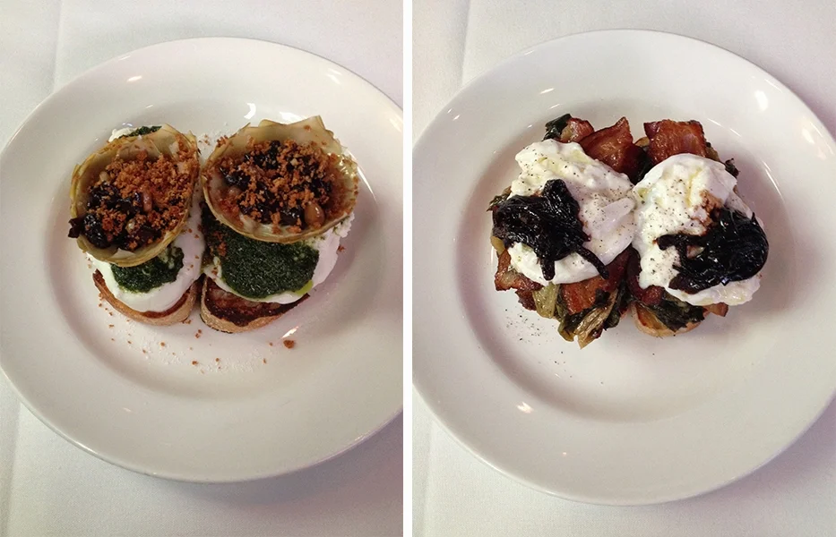 Burricotta with Braised Artichokes pine nuts, currants & mint pesto & Burrata With Bacon marinated escarole & caramelized shallots