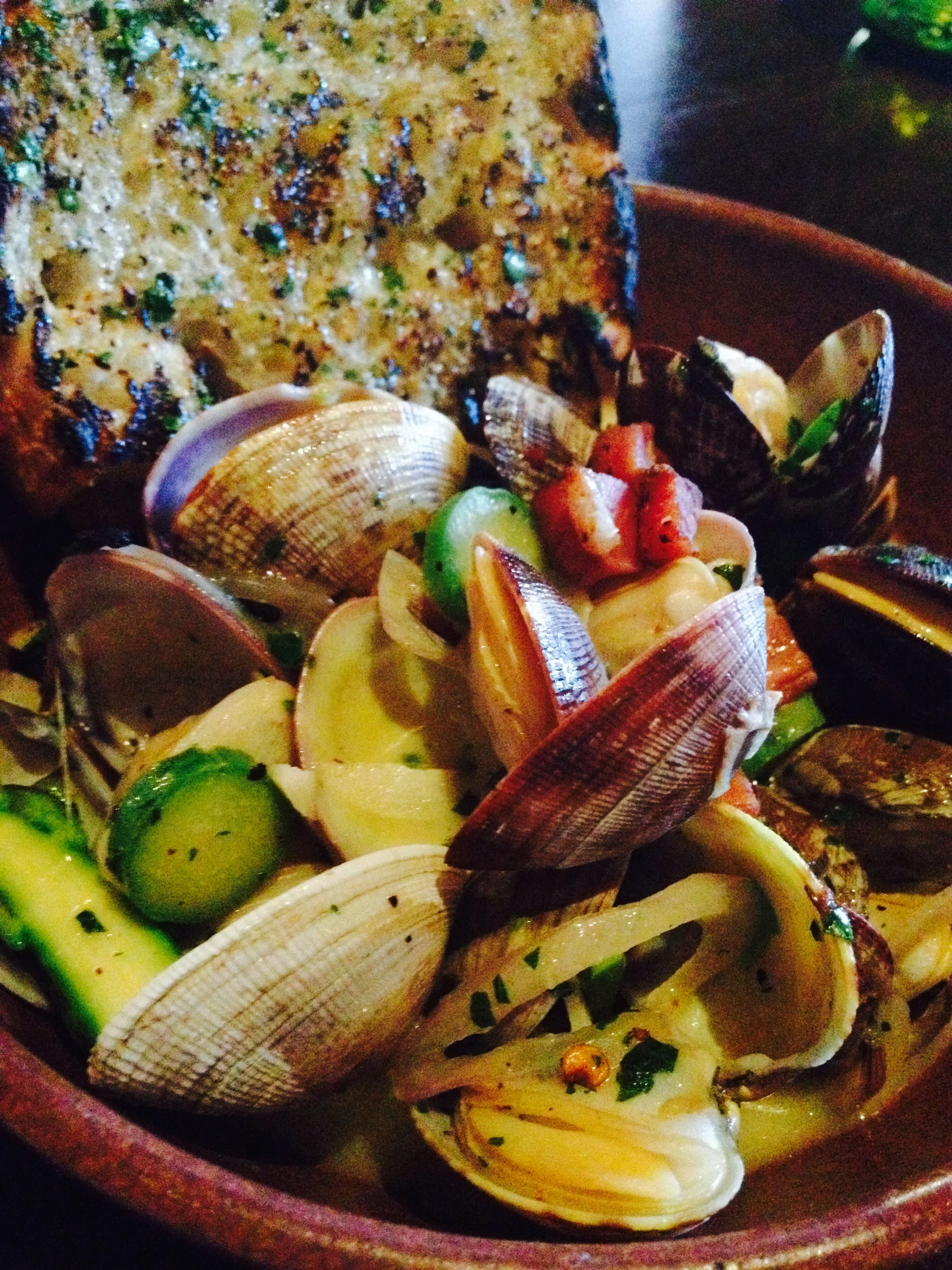 Steamed clams, garlic, white wine, chili, and bay laurel.
