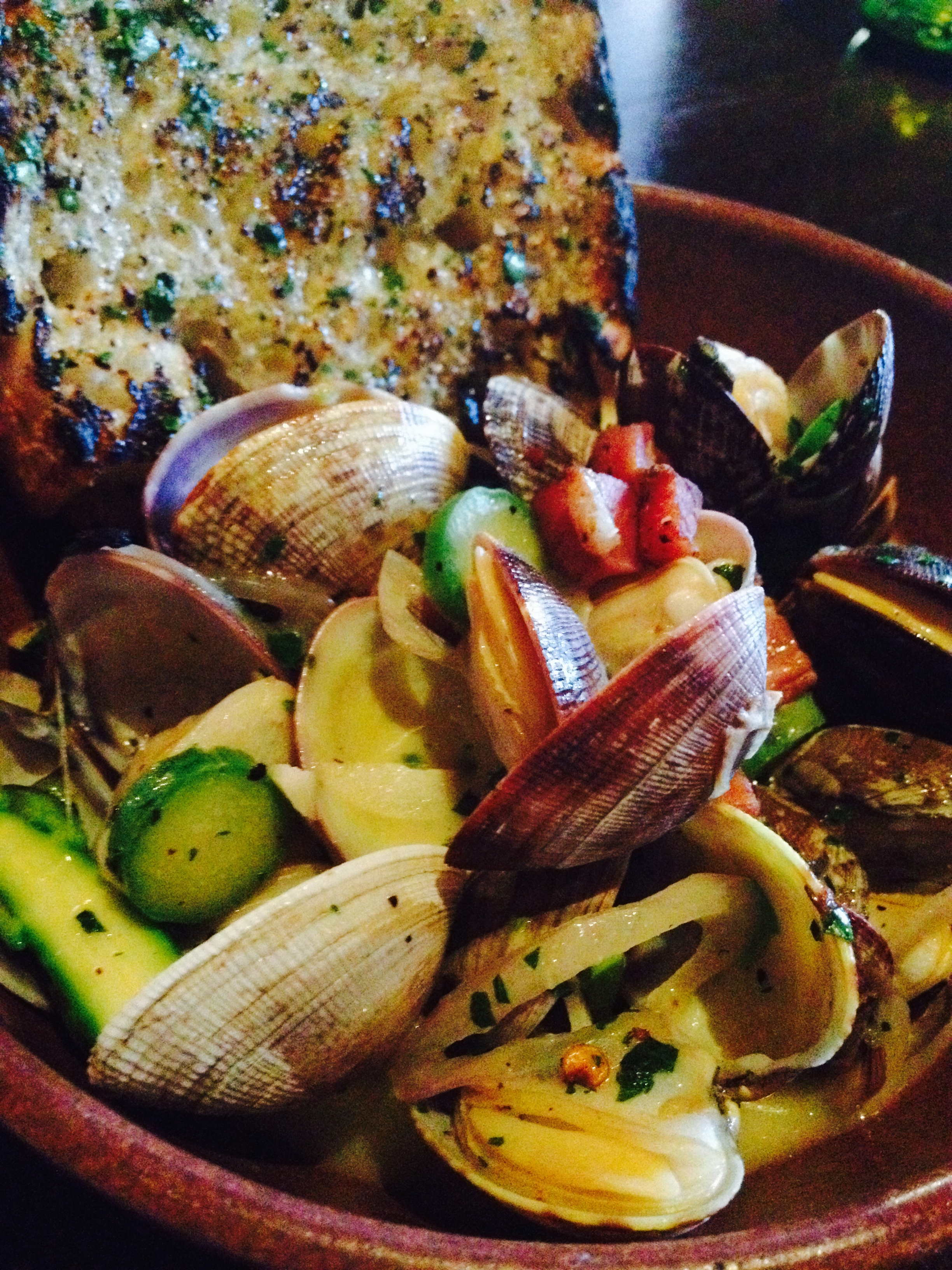 Steamed clams, garlic, white wine, chili, and bay laurel.