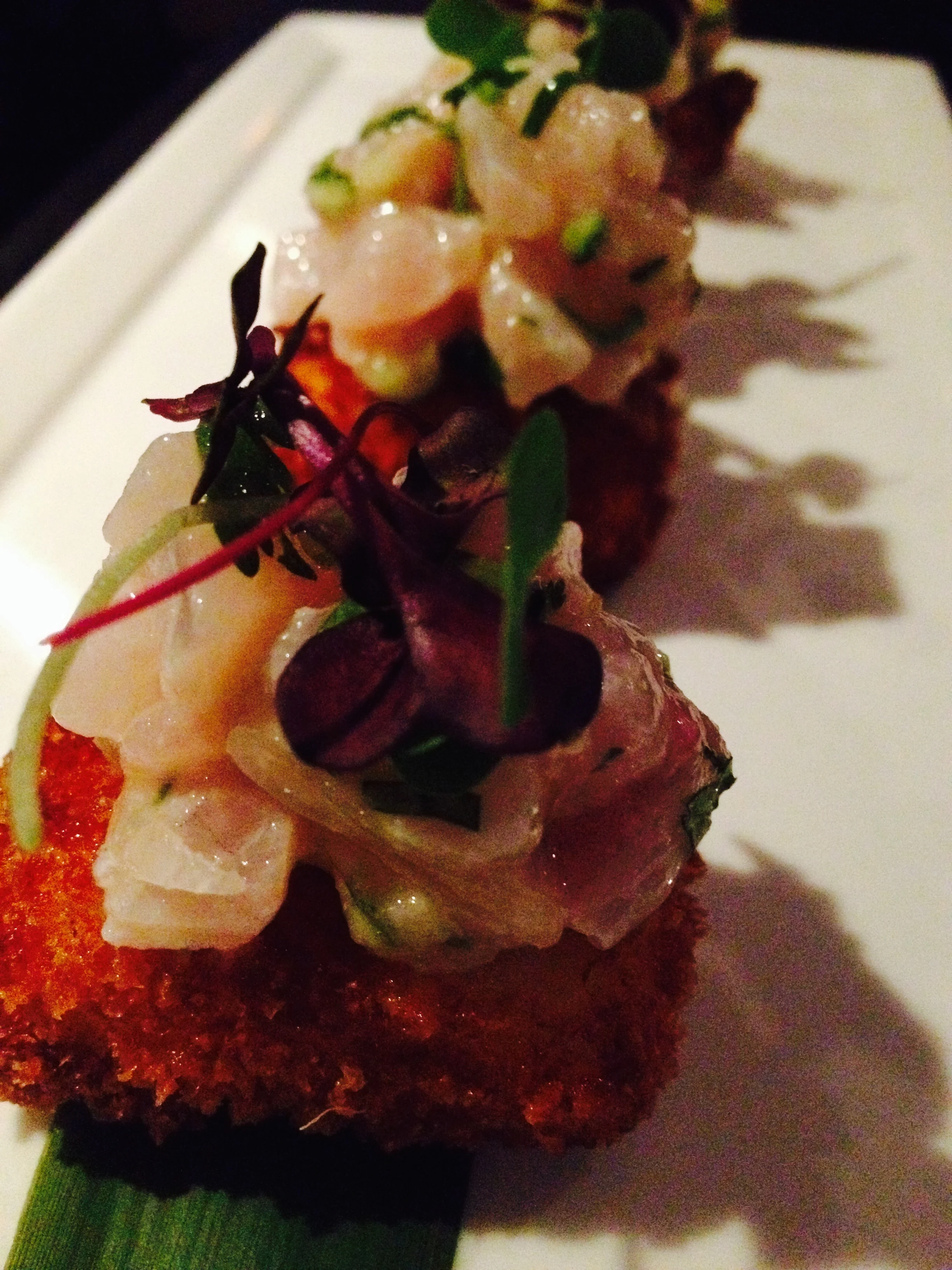 CRISPY CEVICHE CAUSA seabass, rocoto leche de tigre, japanese cucumbers