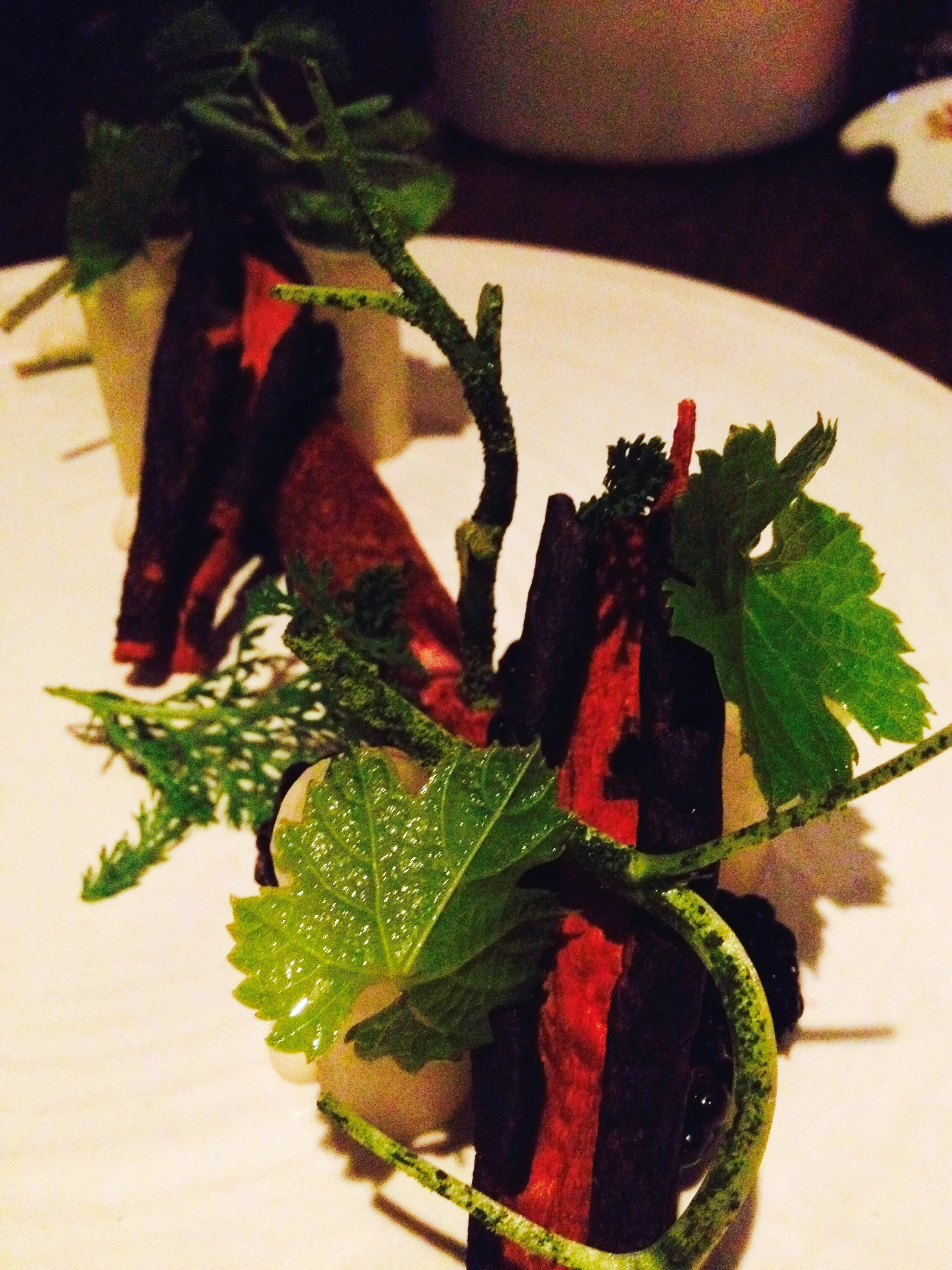 DUCK LIVER with meadowsweet and blackberries.