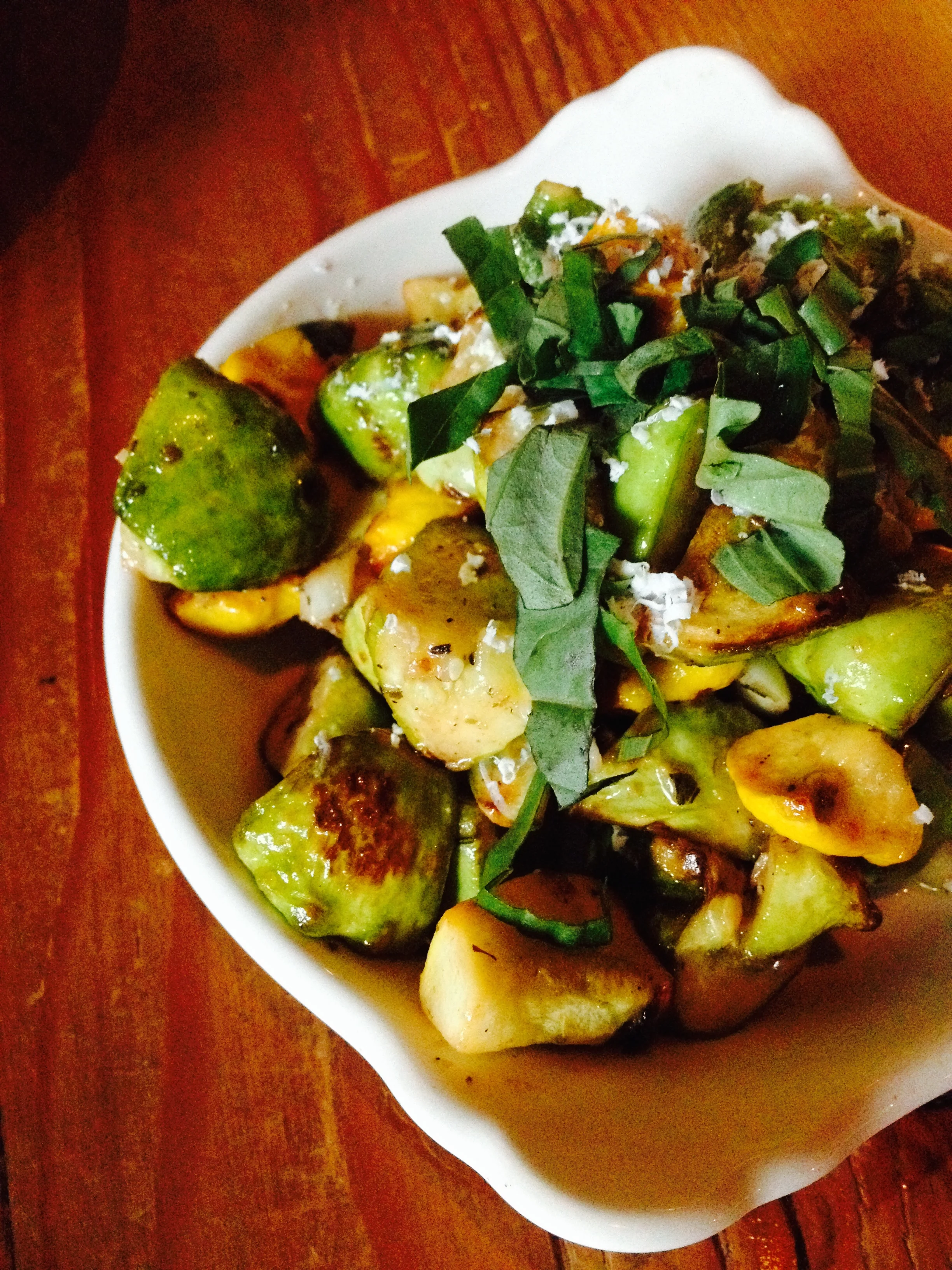 Roasted Pattypan with shaved ricotta salata, fresh oregano, garlic, torn basil, and red wine vinaigrette.