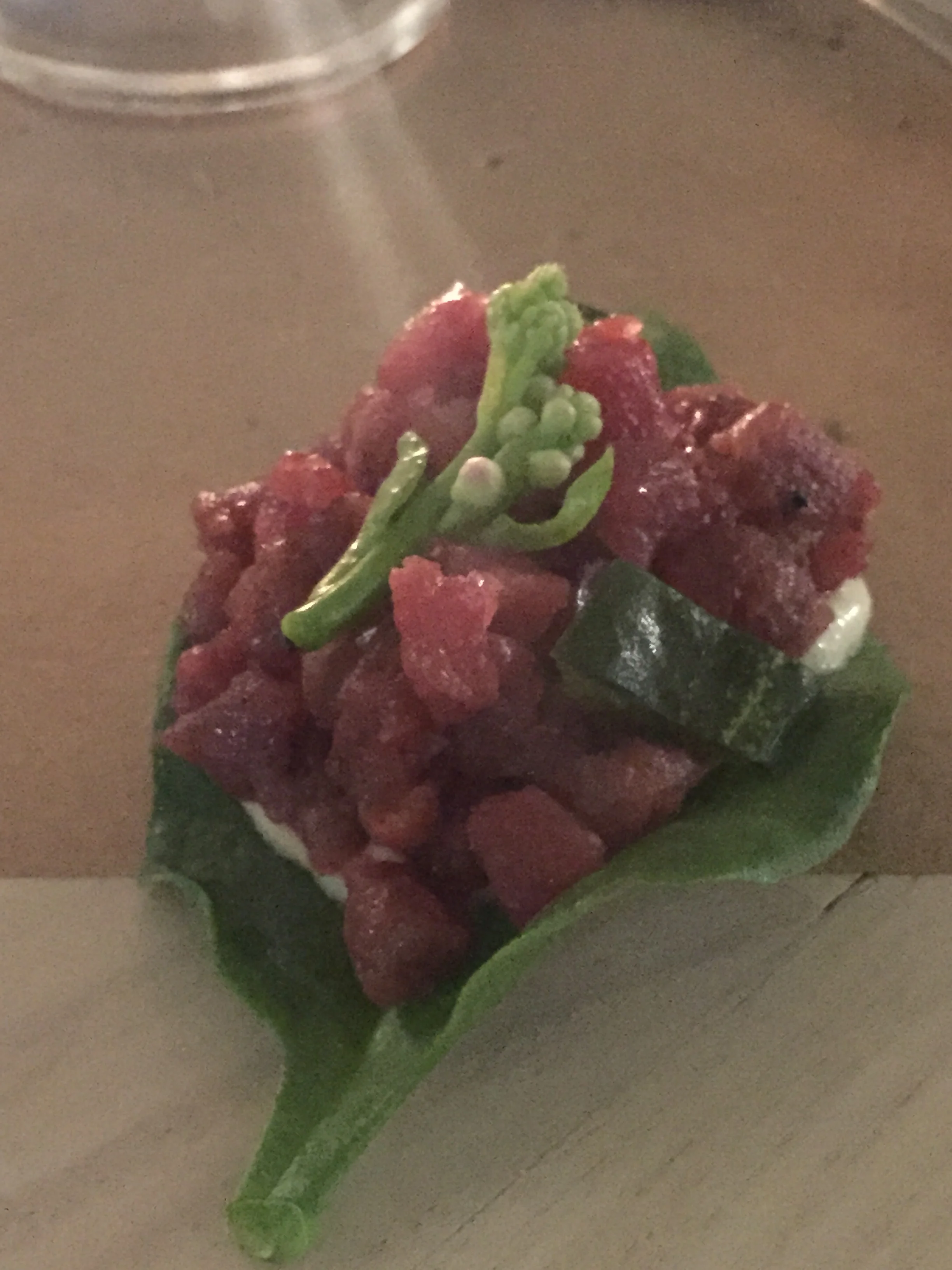 Tartar of Bison, Malabar Spinach, Horseradish, and Cucumber