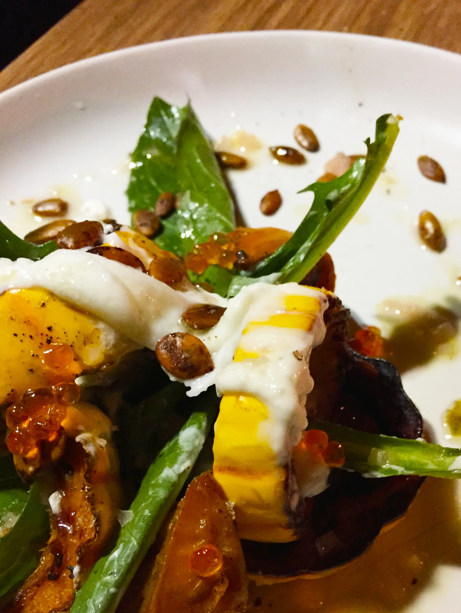 Delicata Squash with persimmon, burrata, smoked trout roe, and roasted squash seeds.