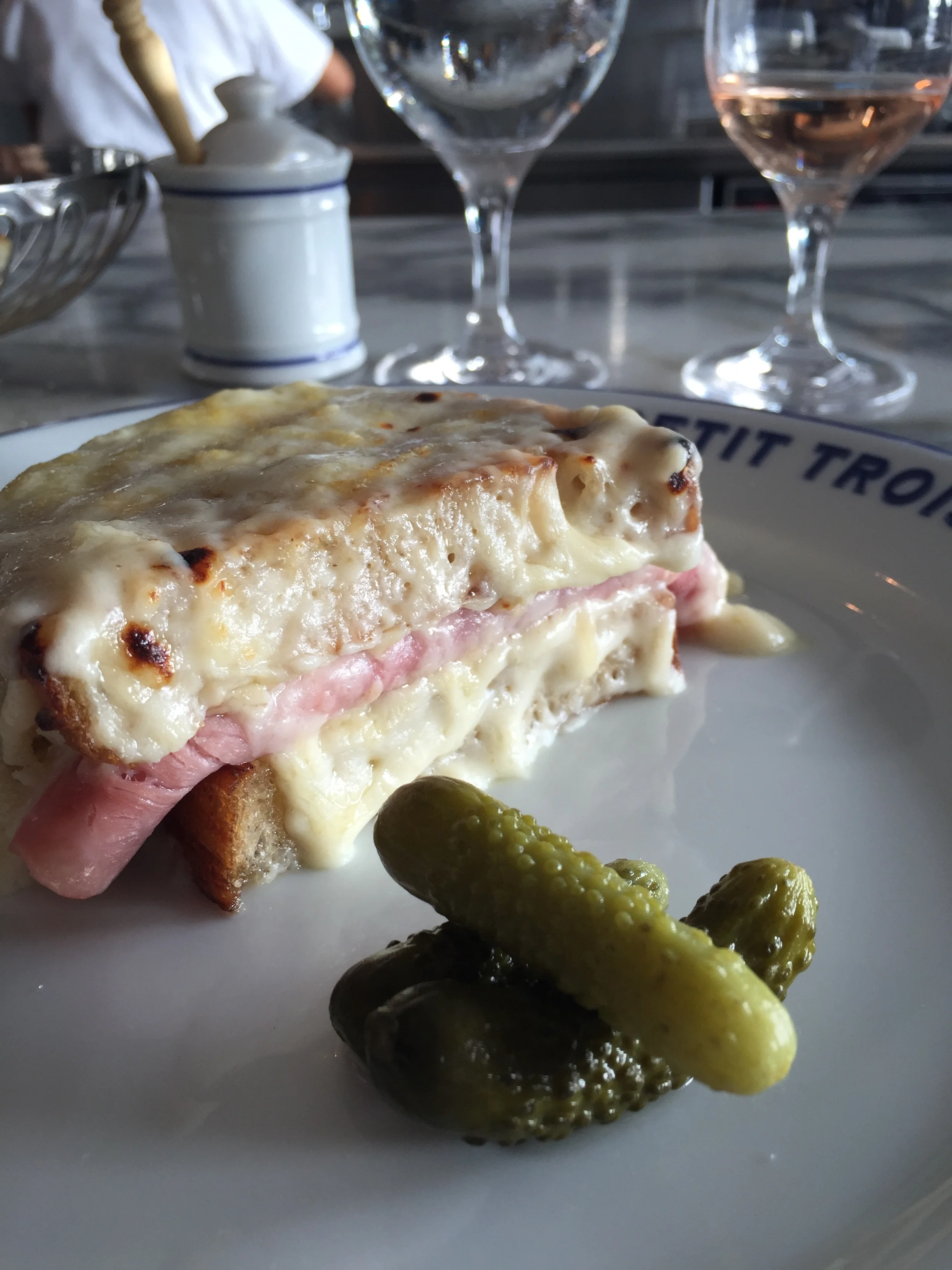 Croque Monsieur with ham and mornay sauce.
