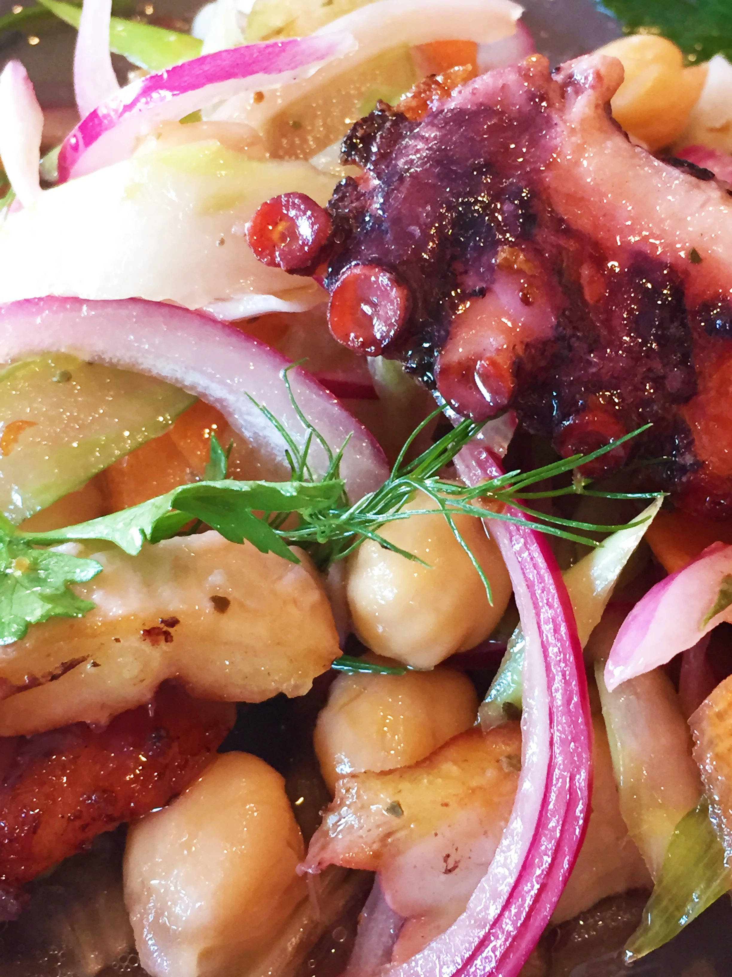 Seared Octopus Salad with Mirepoix and Chili.