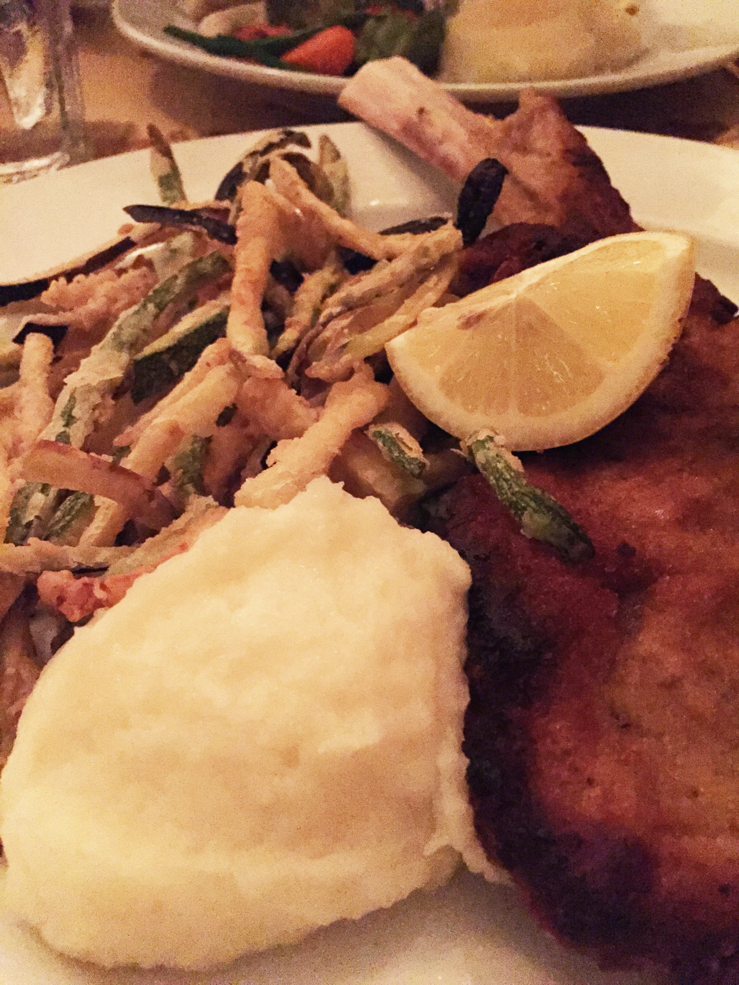 Veal Chop Milanese, breaded, fritto di zucchini & eggplant