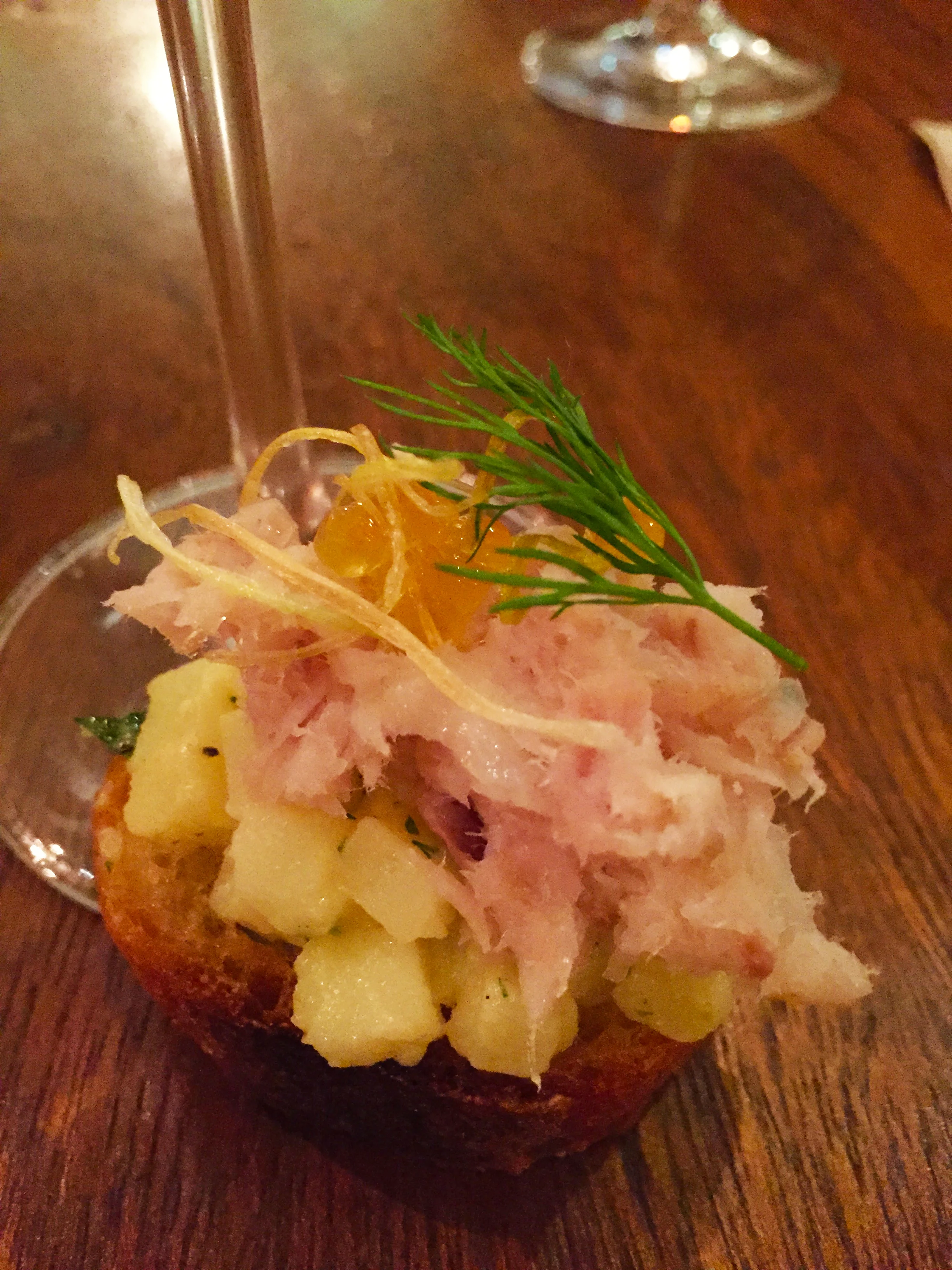 Smoked yellow tail with potato salad and dill amuse bouche