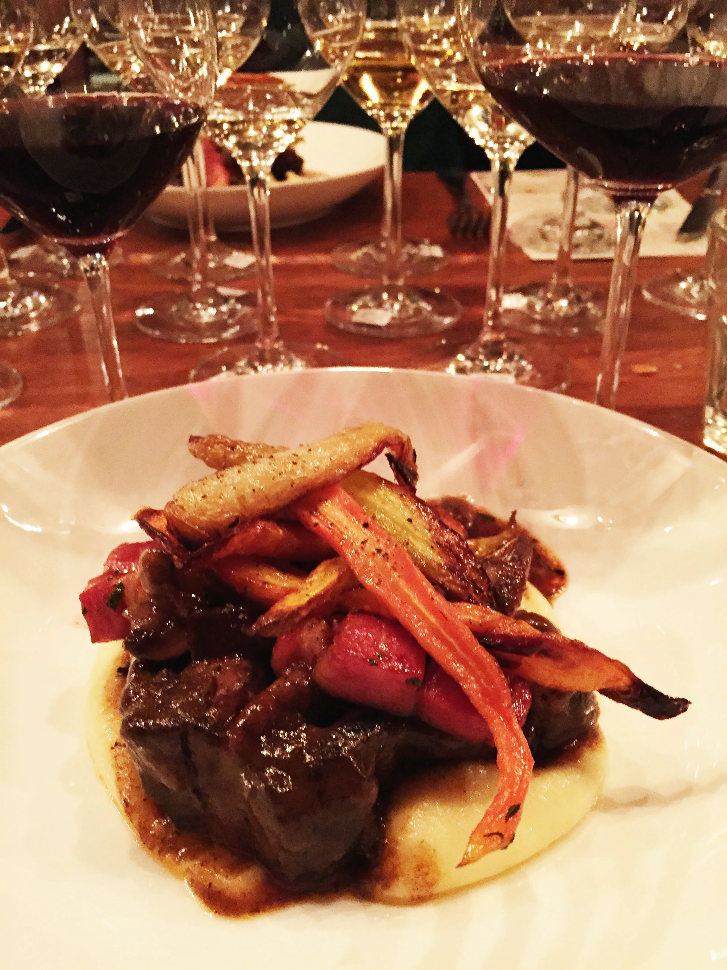 Beef Short Rib with potato mousseline and roasted vegetables.