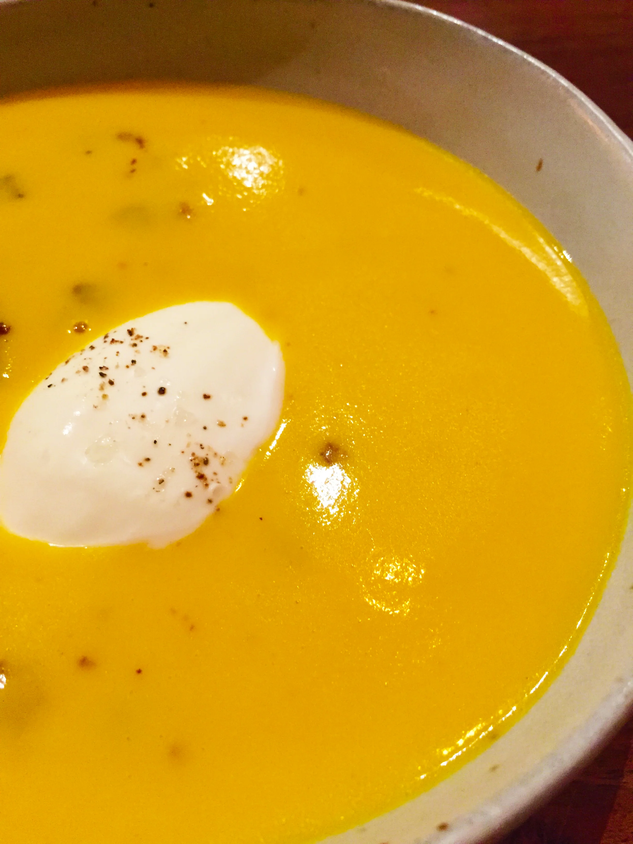 Japanese Sweet Potato Velouté with House made Crème Fraîche and Fried Bread.