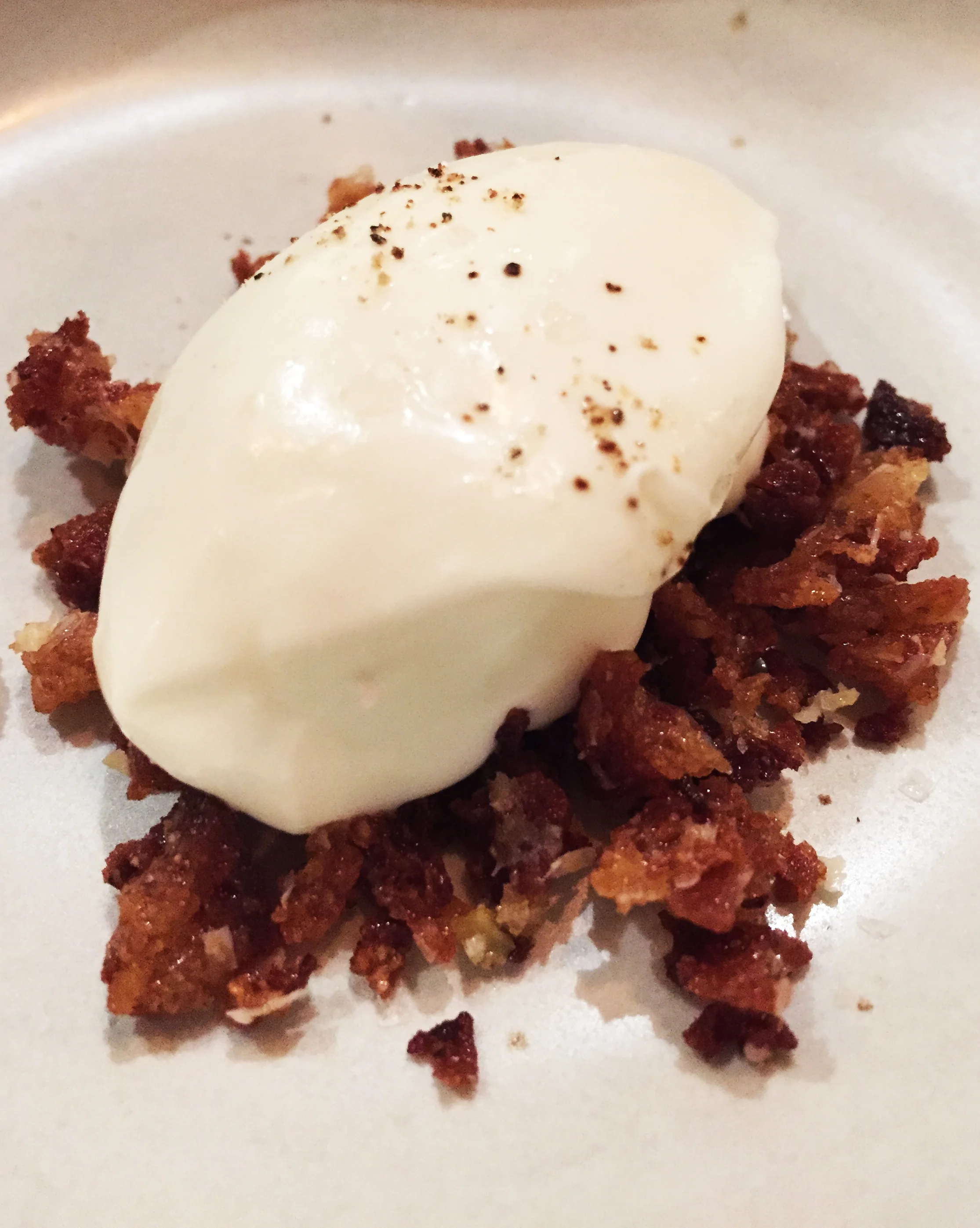 House made Crème Fraîche and Fried Bread (ultimately covered with Japanese Sweet Potato V elouté - see below ).