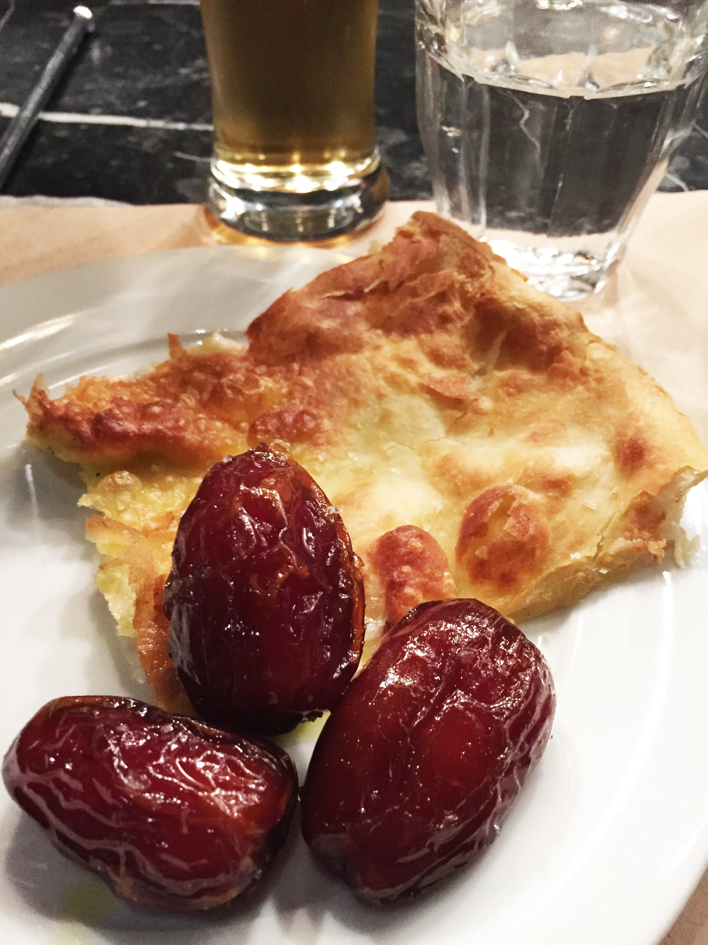 Focaccia di Recco stracchino, olive oil, and warm salted Medjool Dates.