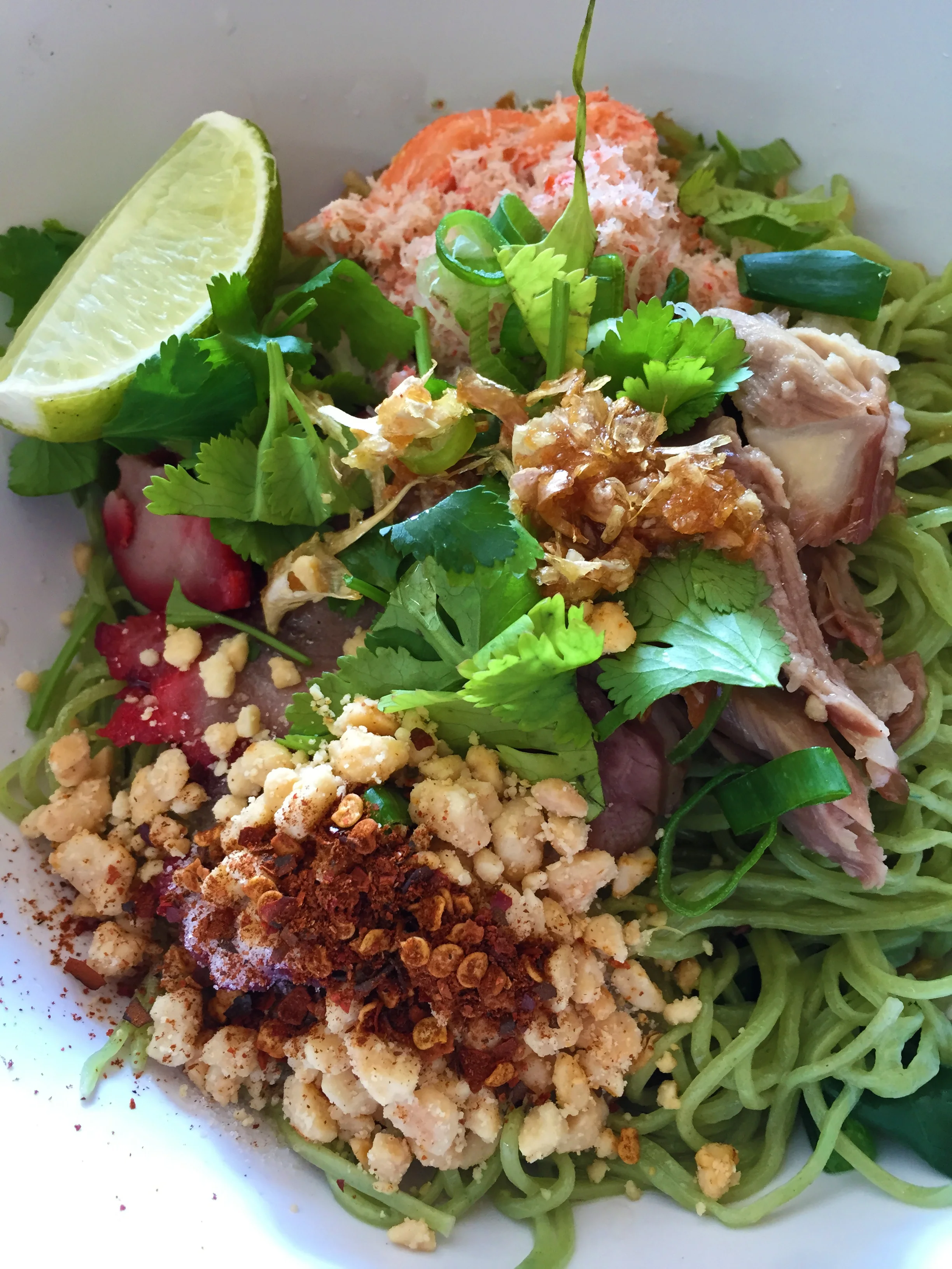 Jade noodles with BBO pork, duck and crab meat.