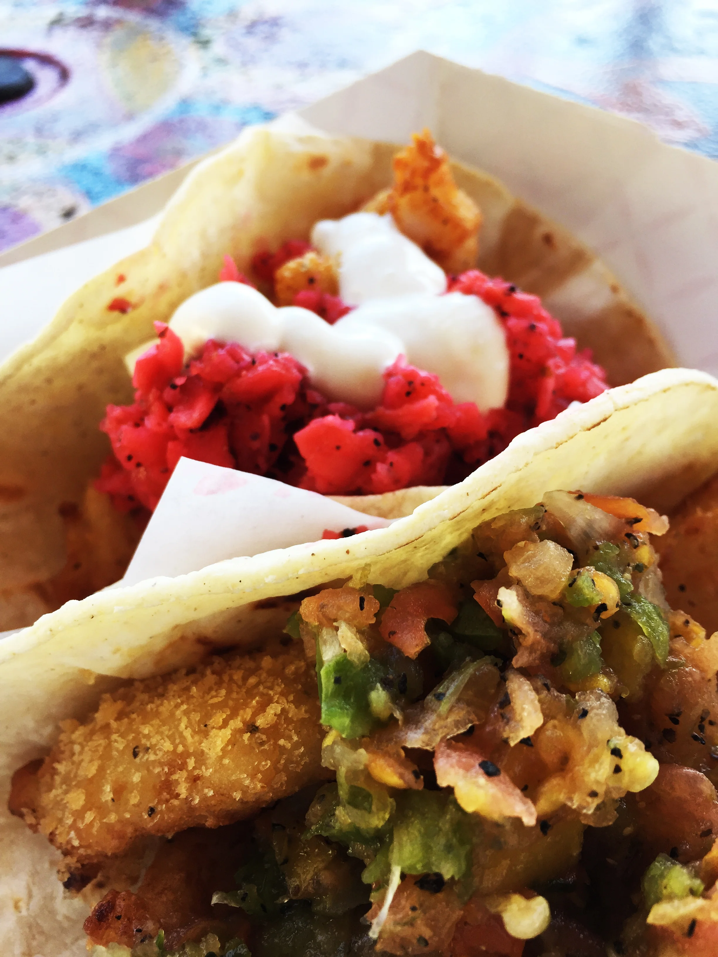 (front) Shrimp Taco with Pineapple Kiss Salsa and (back) Fish Taco with Radish Relish Salsa.