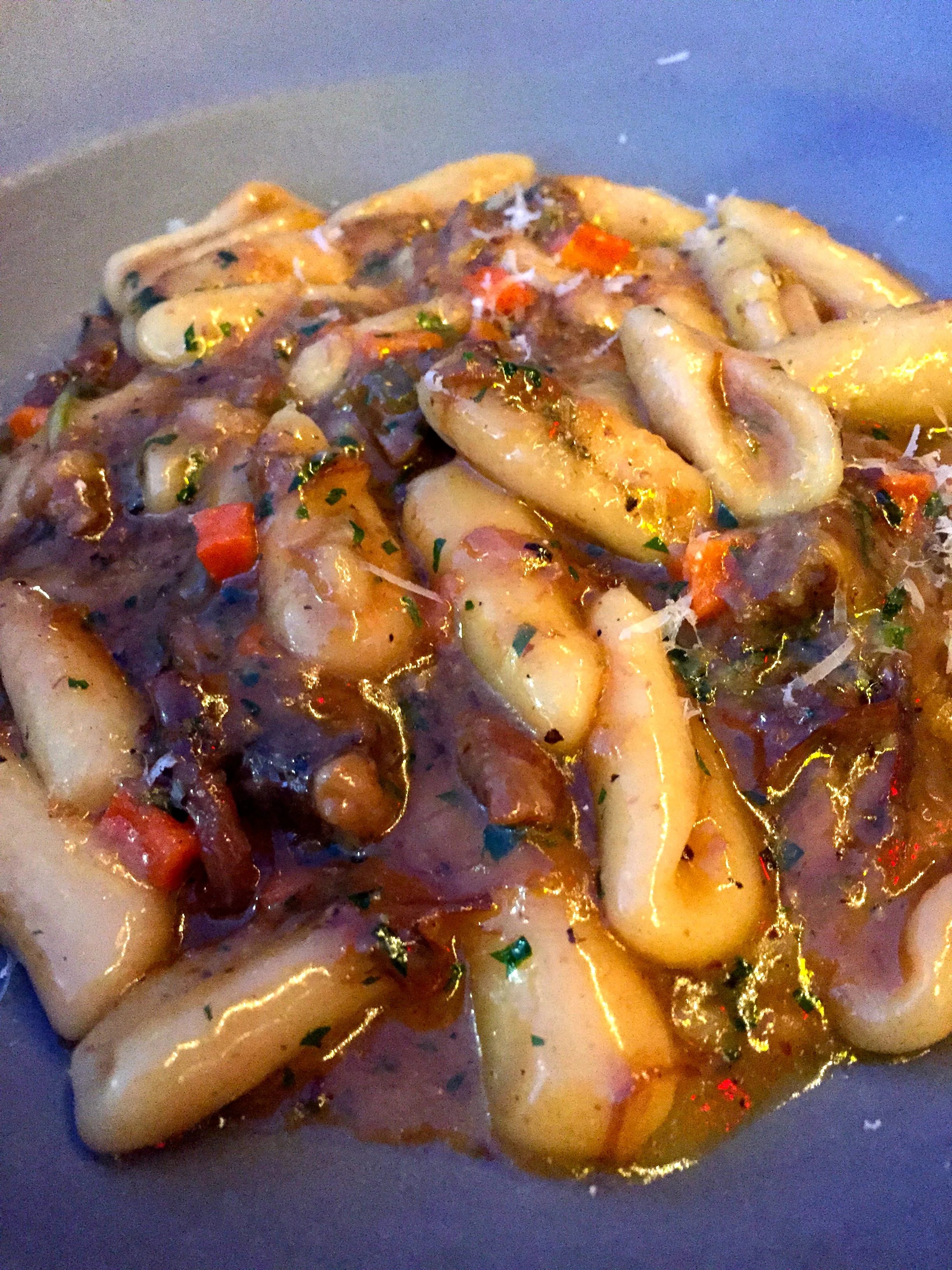 Gnòc with oxtail, marrow, and potato.
