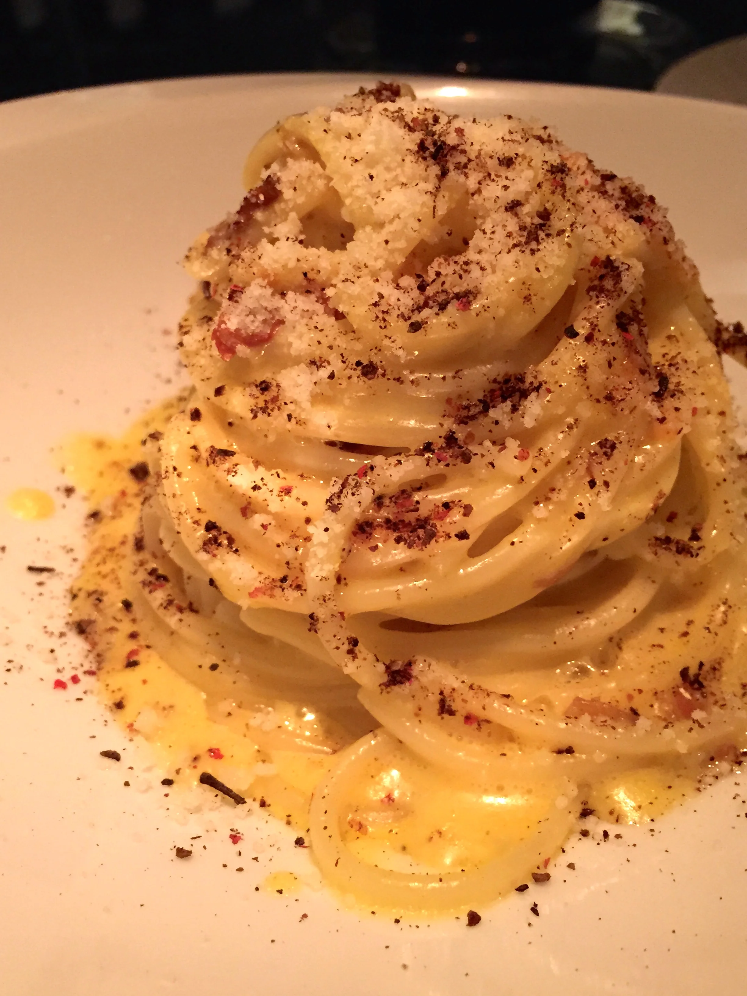 Spiaggia - Carbonara with spaghettoro, duck egg, guanciale, pecorino, and peppercorn.