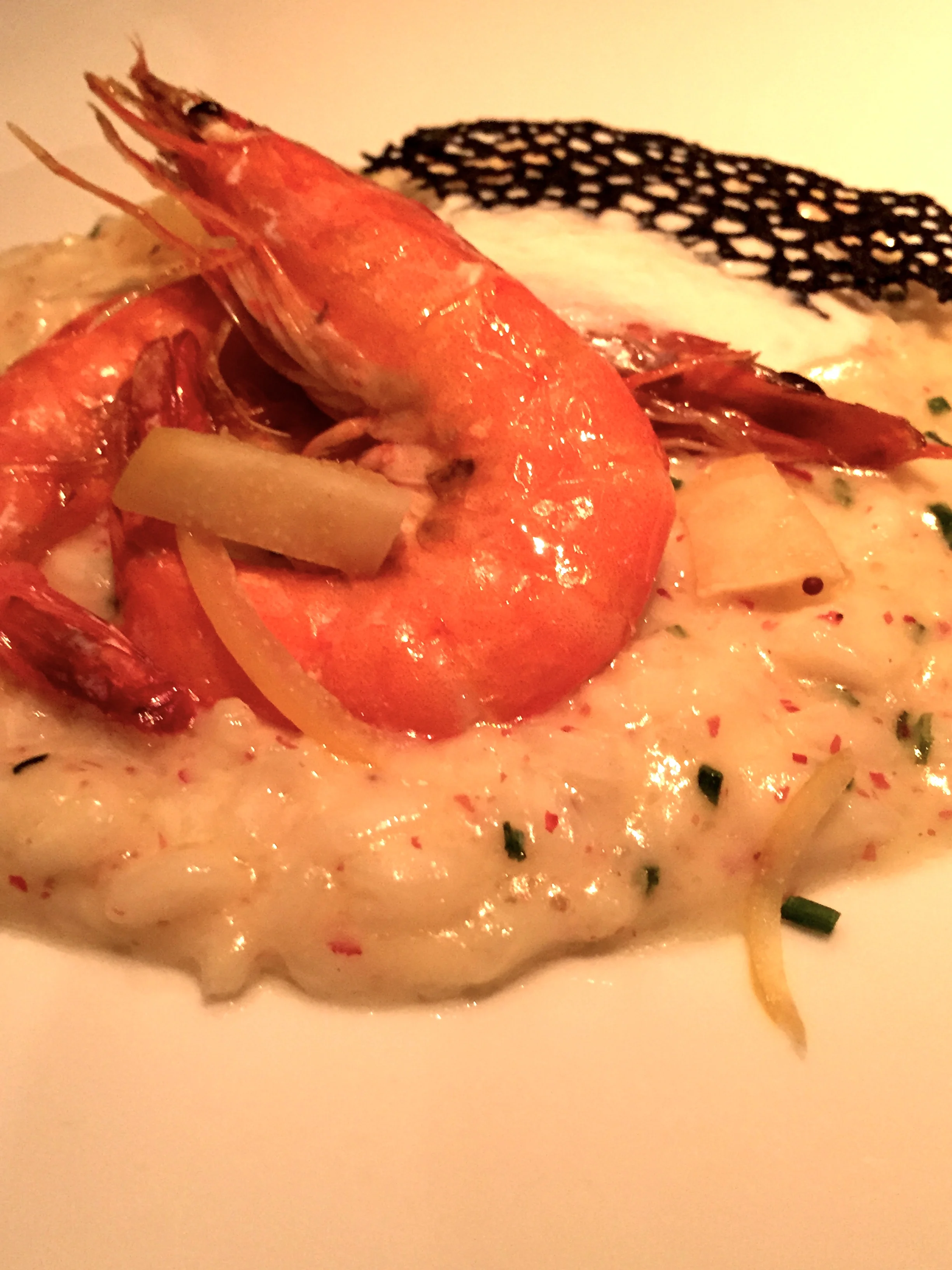 Spiaggia - Risotto with Acquerello rice, soft shell shrimp, salt cod, preserved lemon, mascarpone, and cypress wood smoke.