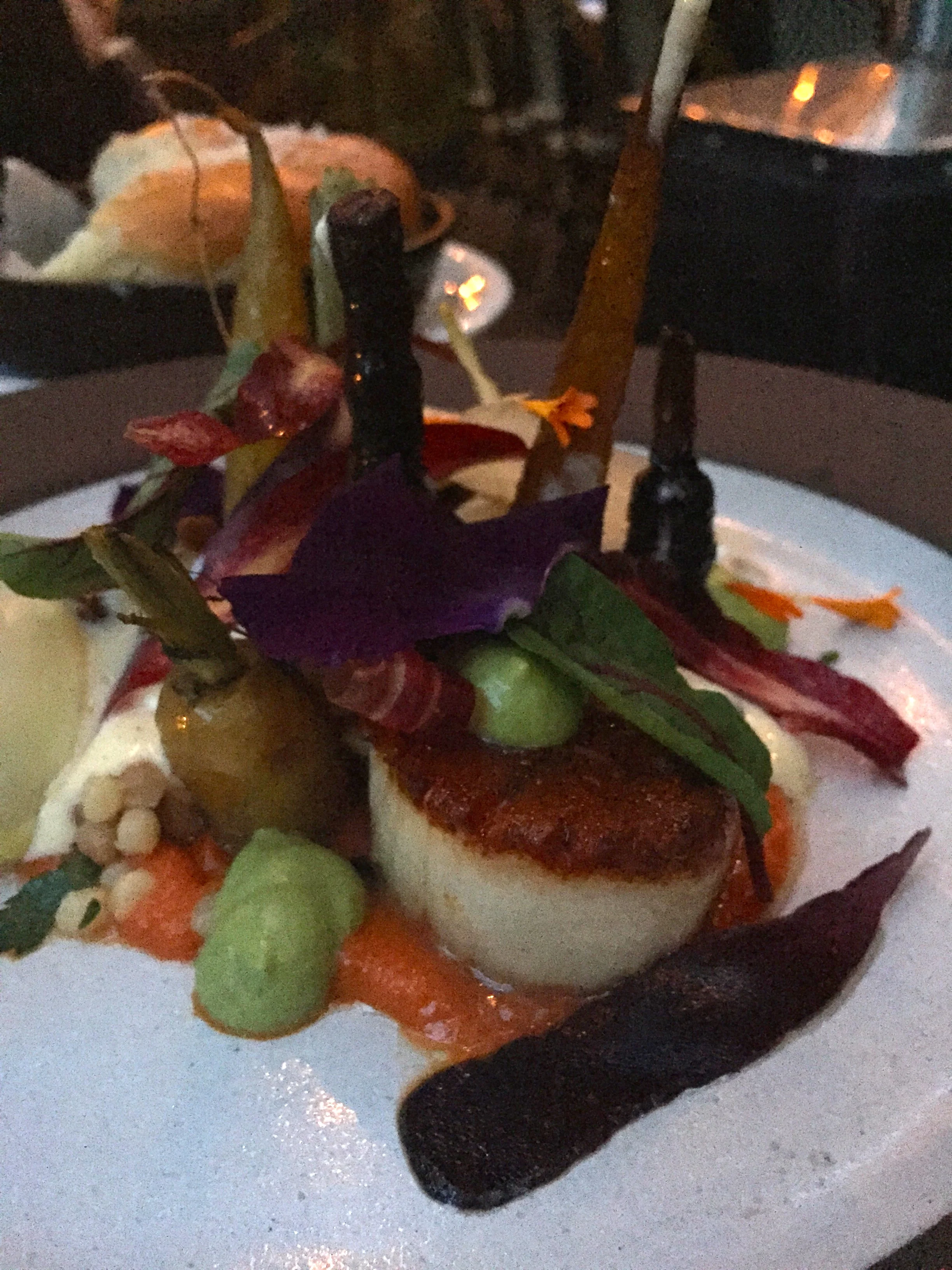 SCALLOP heirloom carrots, fregola sarda, cumin hollandaise, chermoula, marcona almond.