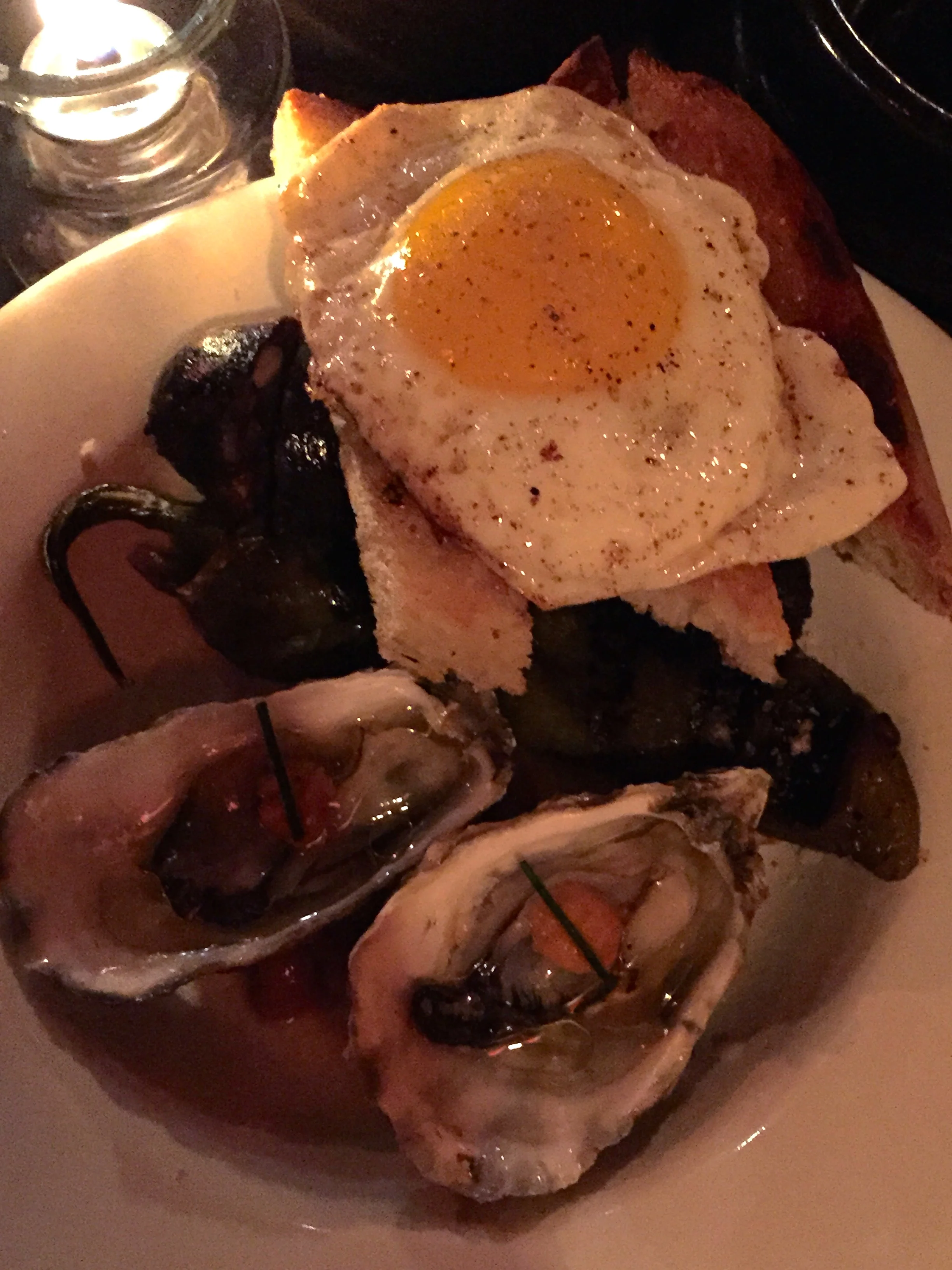 ESMORZARET DE LA SAFOR - home made blood sausage, pumpkin, pine nut, fried egg, roasted anaheim pepper, oysters