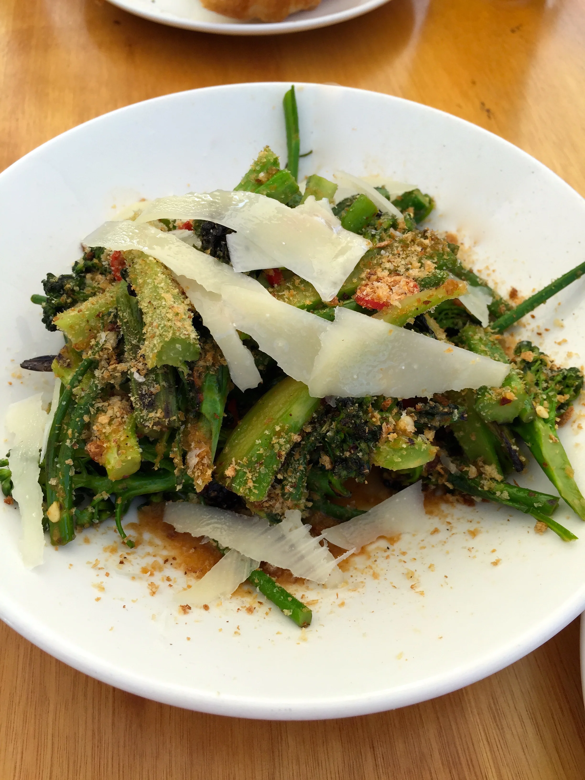 Sprouting broccoli, garlic, pickled chillis, pecorino romano, and breadcrumbs.