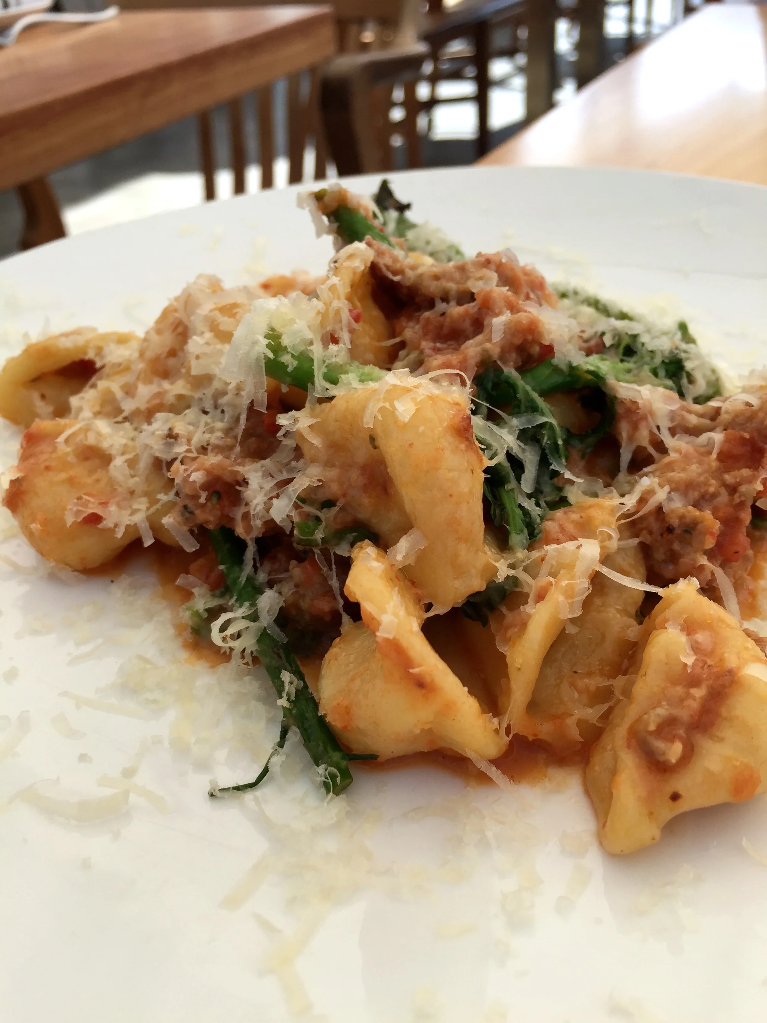 Orecchiette with pork belly sausage sugo, escarole, chilis, and ragusano.