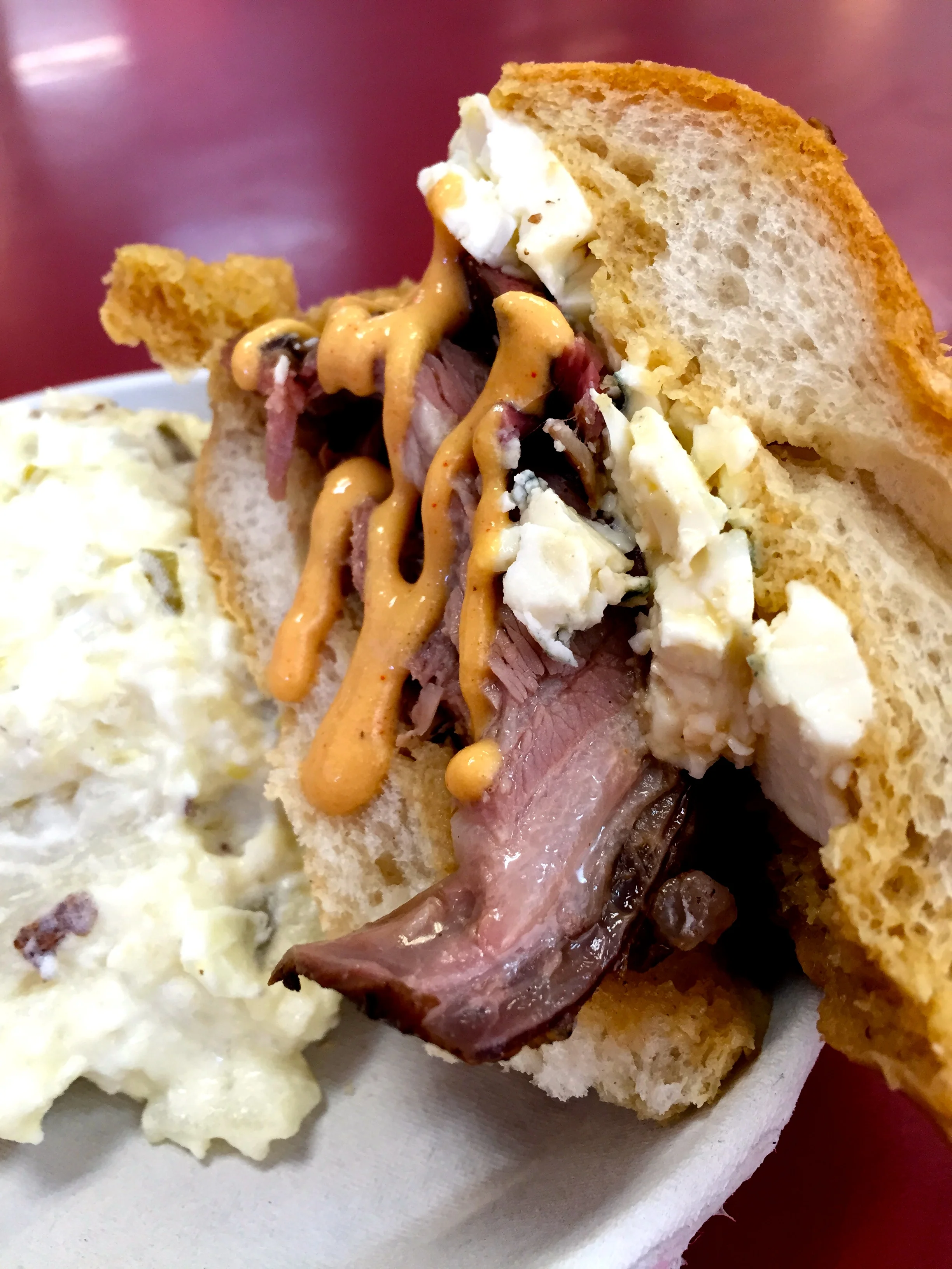 Lamb Dip with bleu cheese, Philippe's hot mustard, and potato salad.