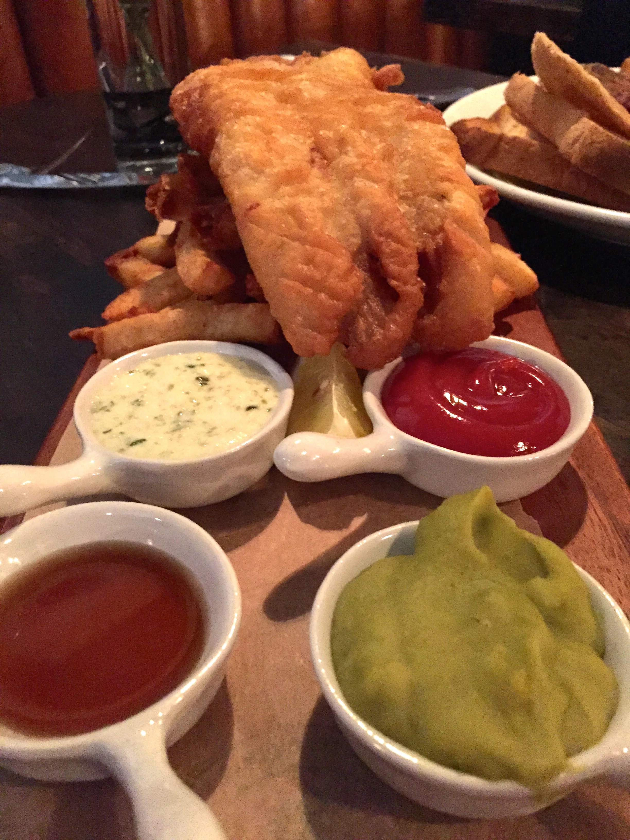 Fish & Chips, Yorkshire caviar and tartar sauce. Accompanied by malt vinegar, curry sauce or brown sauce at your pleasure.