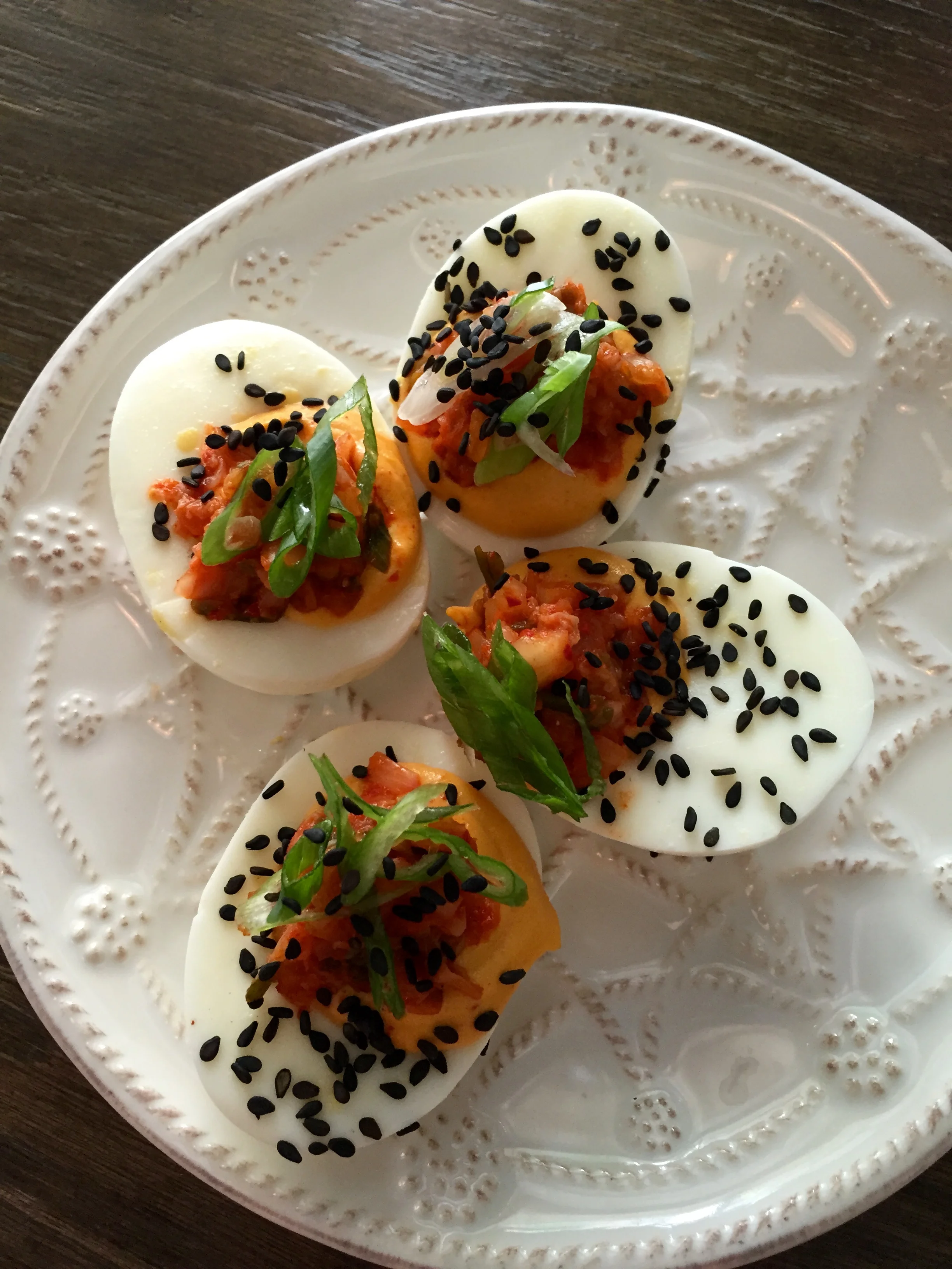 Deviled Jidori Eggs with Korean chili and kimchee.