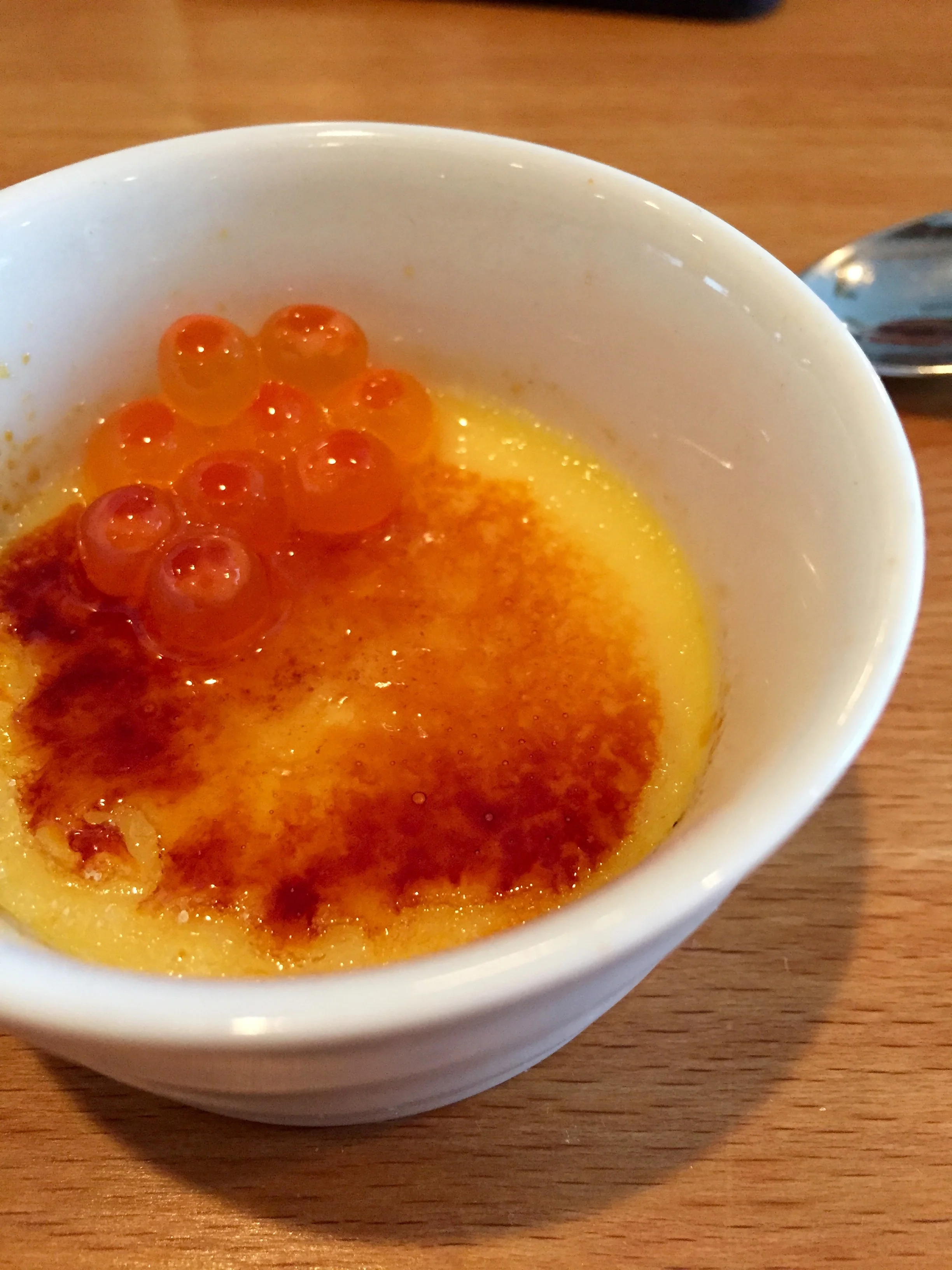 Miso crème brûlée with salmon roe.