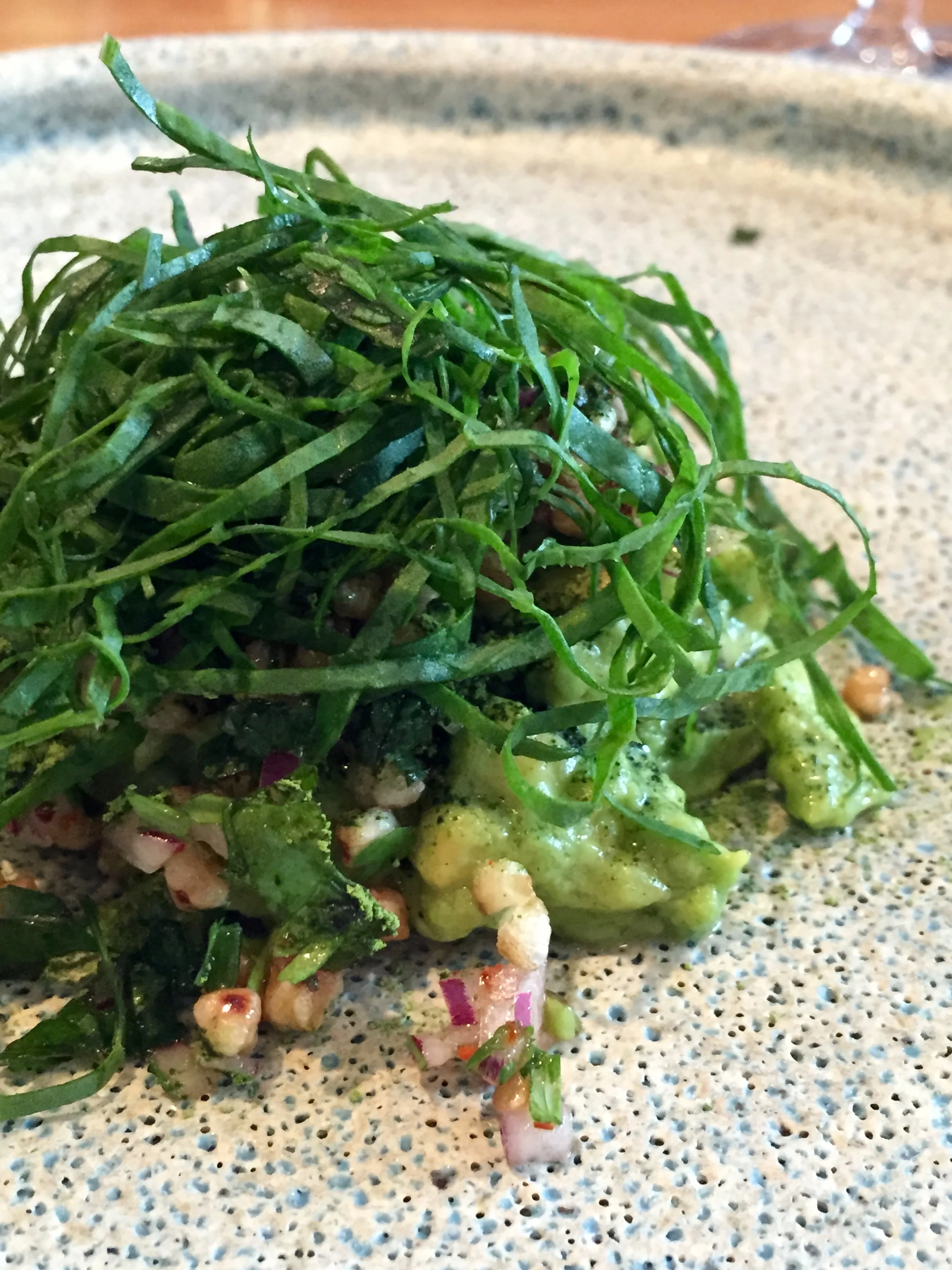 Avocado, buckwheat tabbouleh, and matcha green tea.