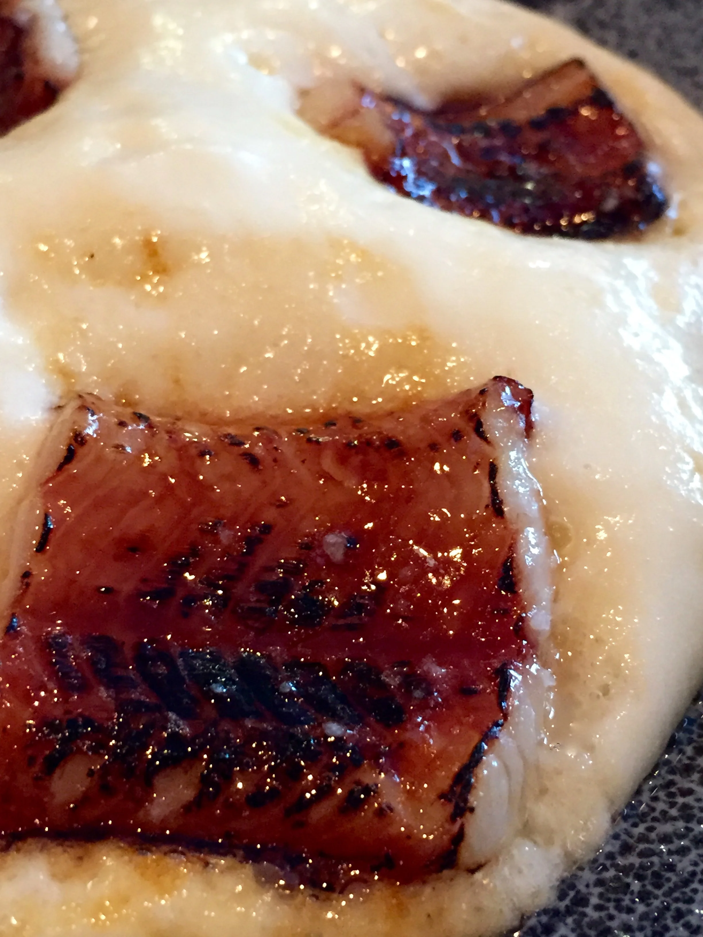 Smoked eel with white chocolate mashed potato.