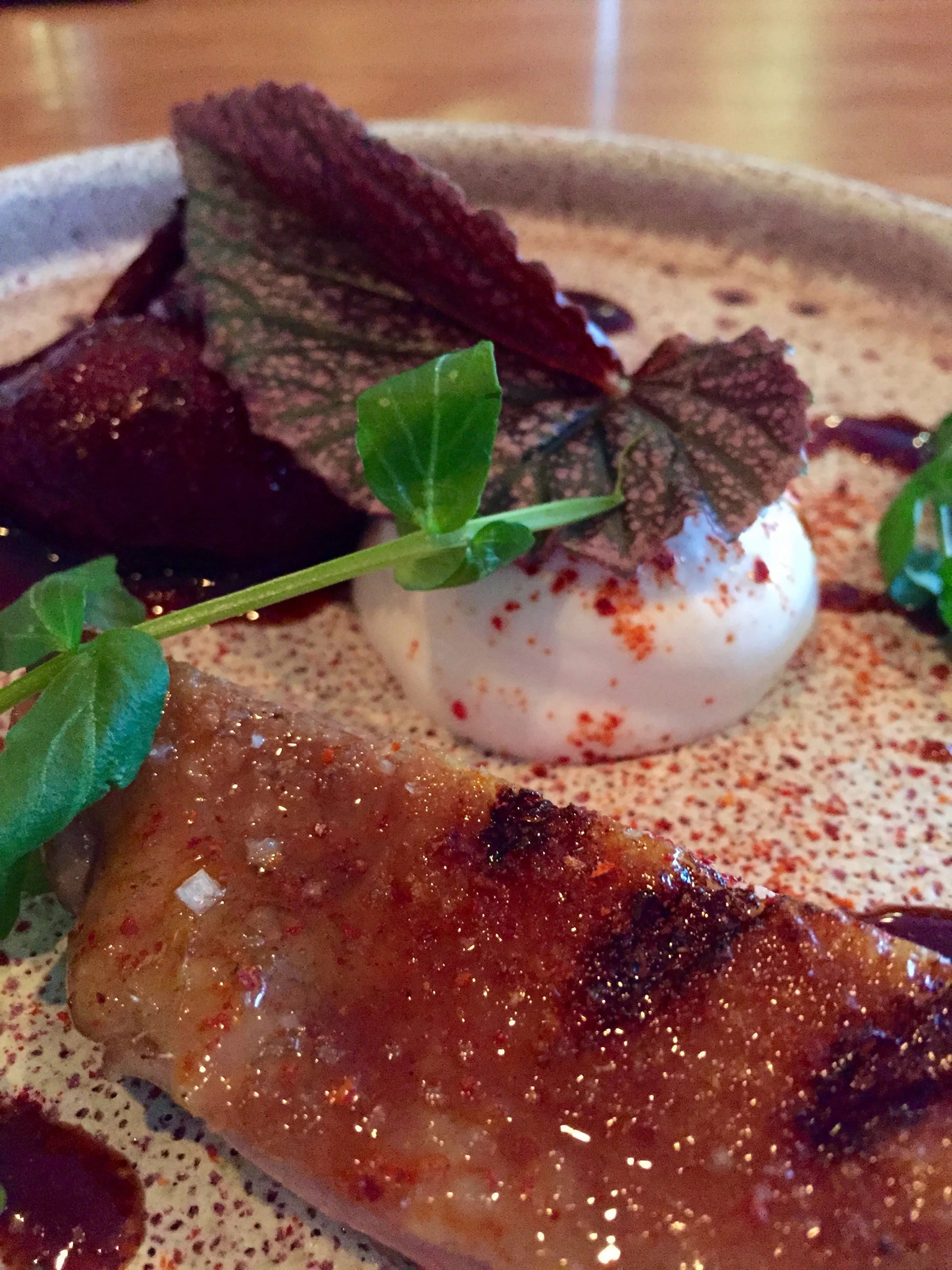 Duck, orange curry, beets, yogurt.