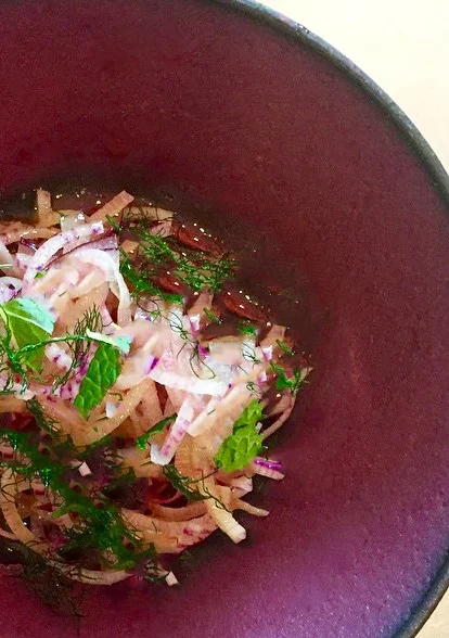 Spot Prawn Ceviche with Okinawa potato, purple daikon, and brown butter.