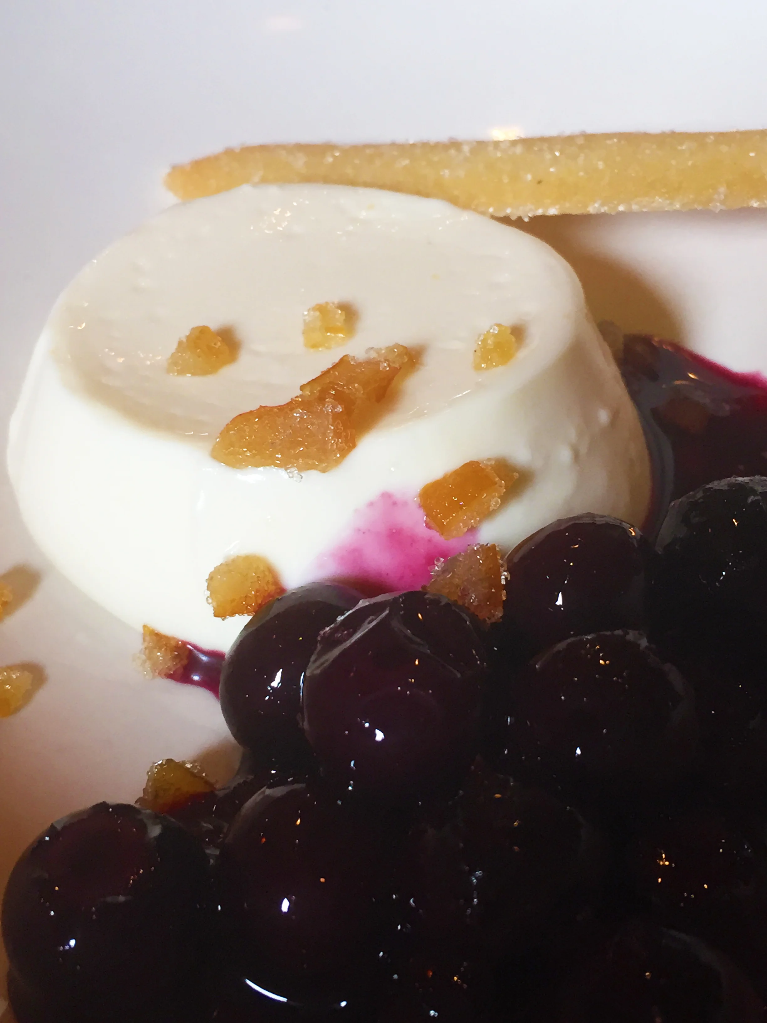 Lemon-buttermilk panna cotta with roasted blueberries and candied Meyer lemon peel.