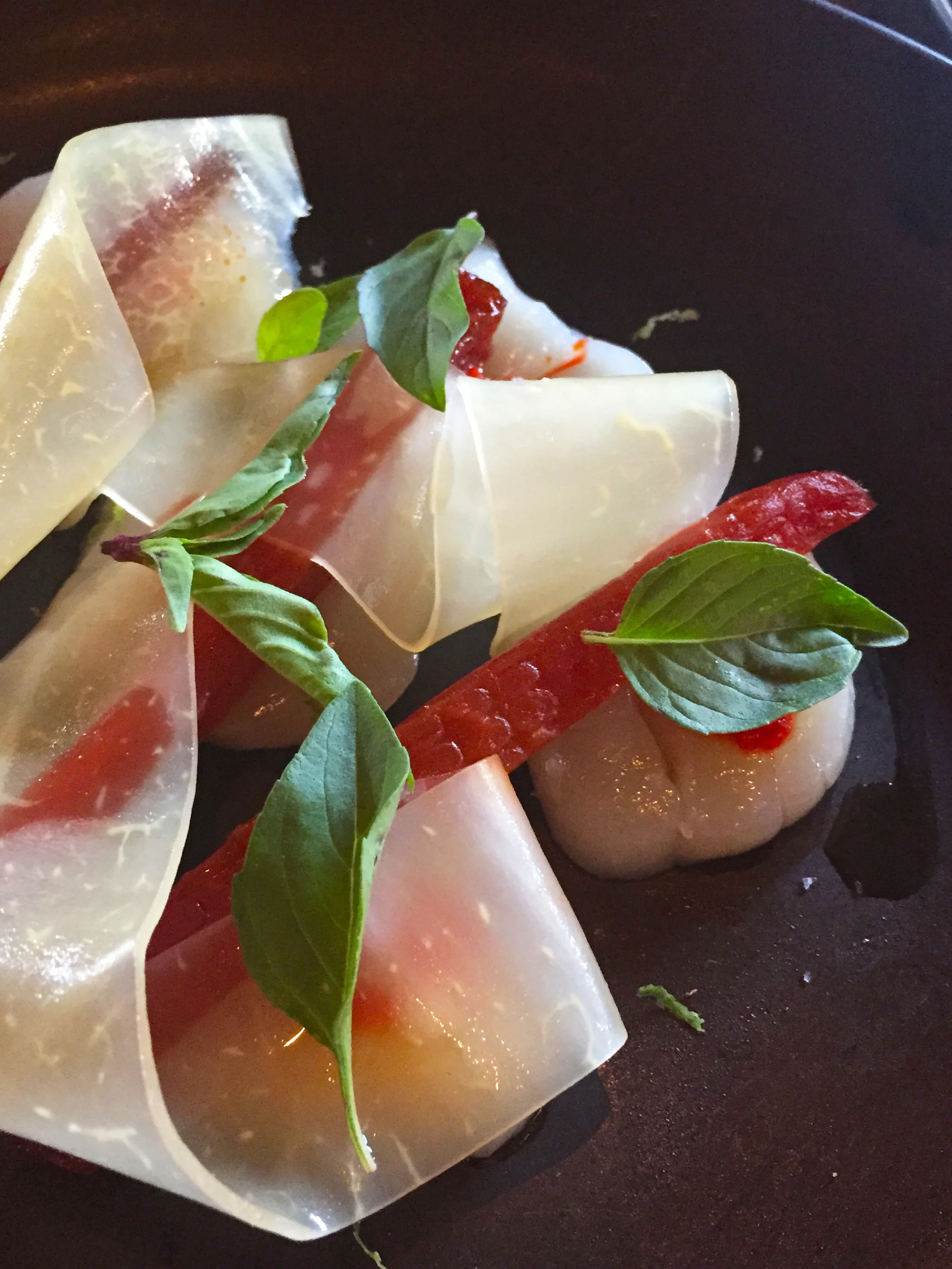 japanese scallop , soy-cured papaya, fermented chili, basil
