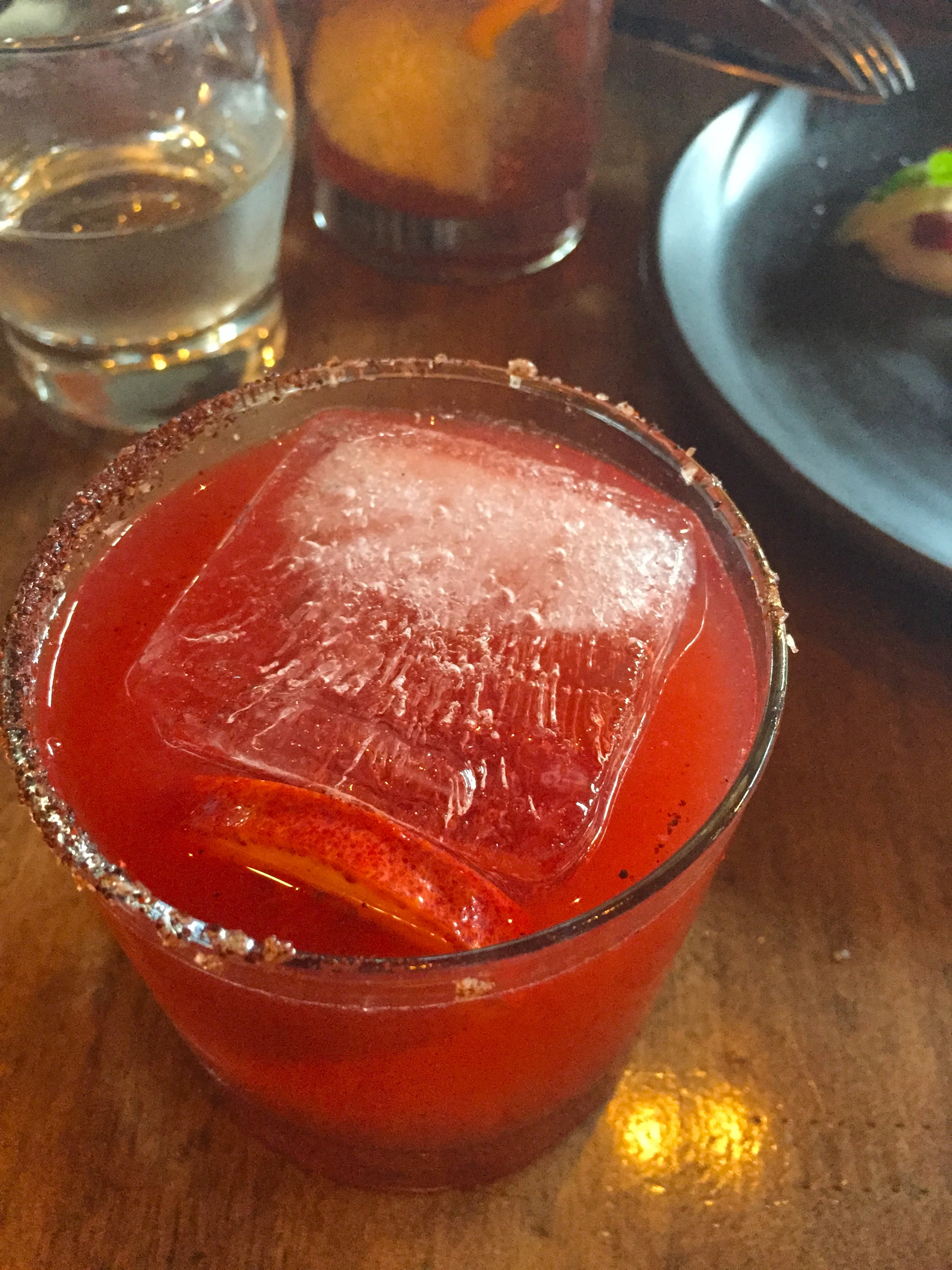 margarita , blood orange, chili honey, suze gentian, tequila.