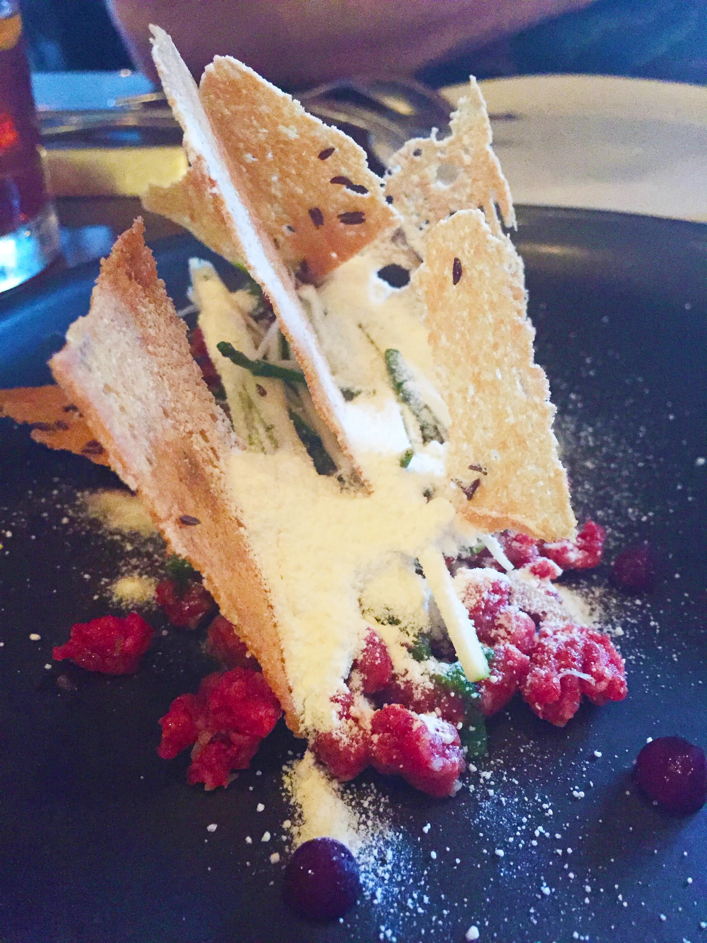 beef tartare , hearts of palm, sea bean chimichurri, horseradish, rye