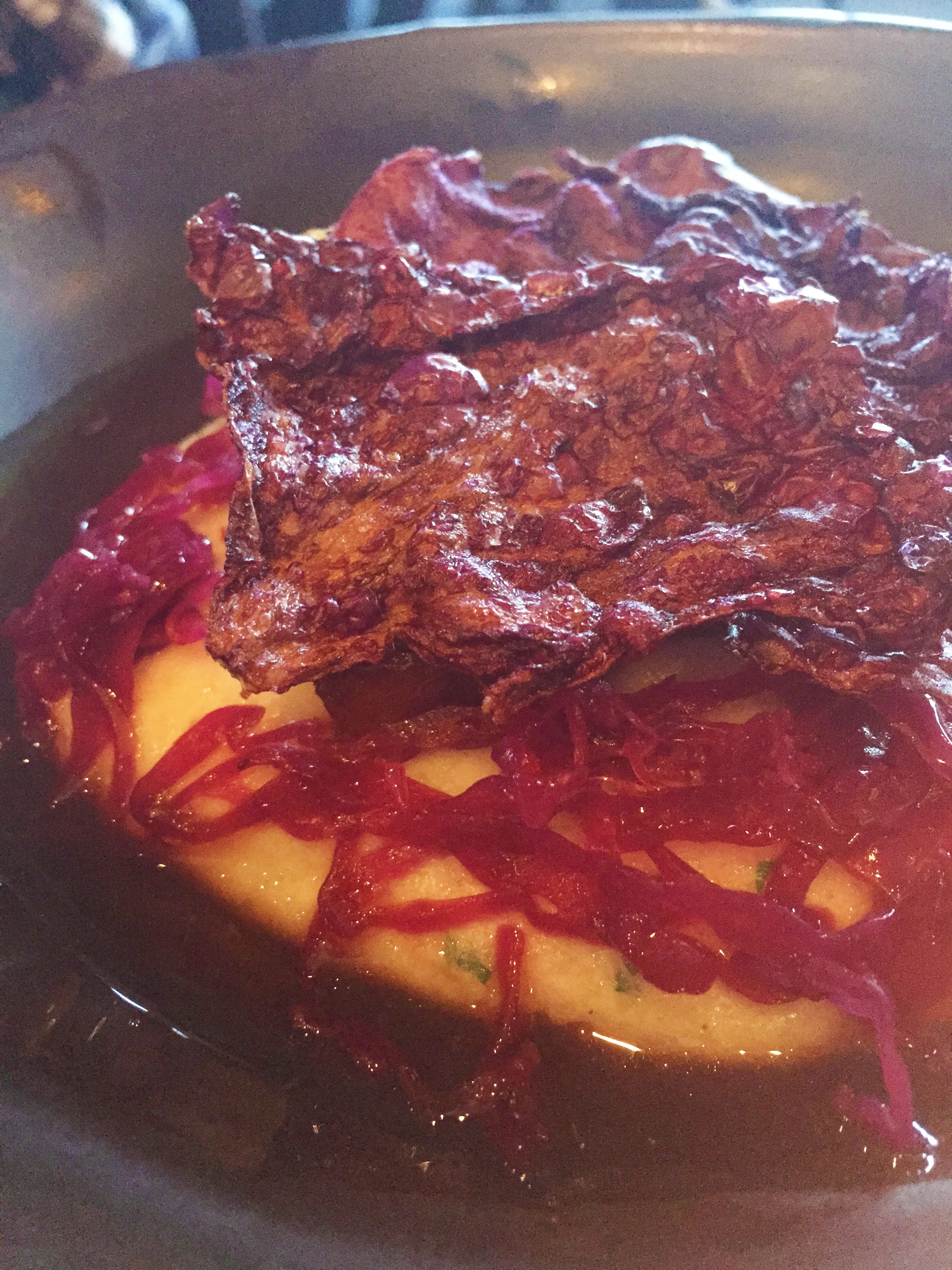 potato polenta , foie gras, fermented cabbage, duck broth