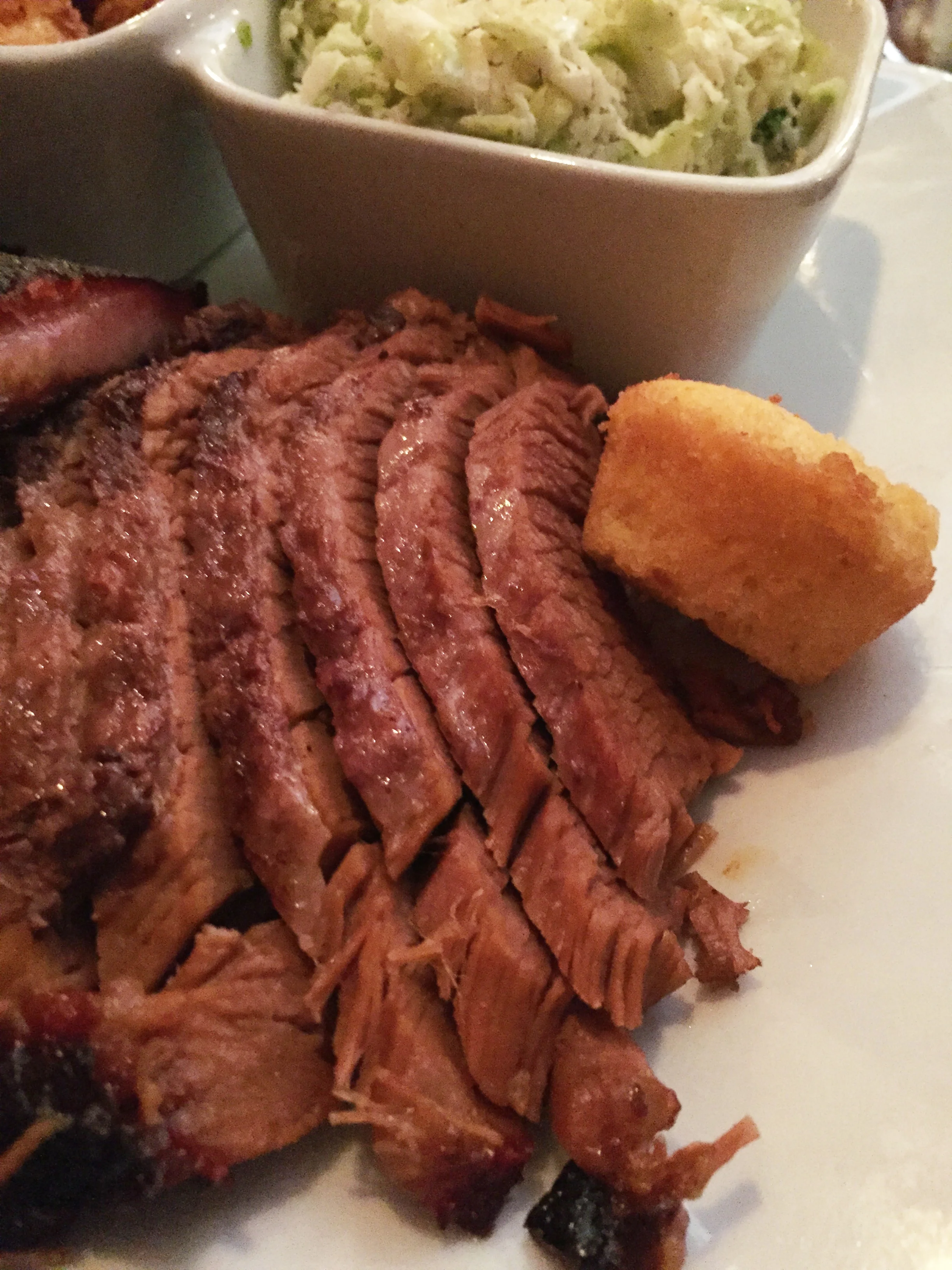 Smoked Brisket with Cornbread and Cole Slaw.