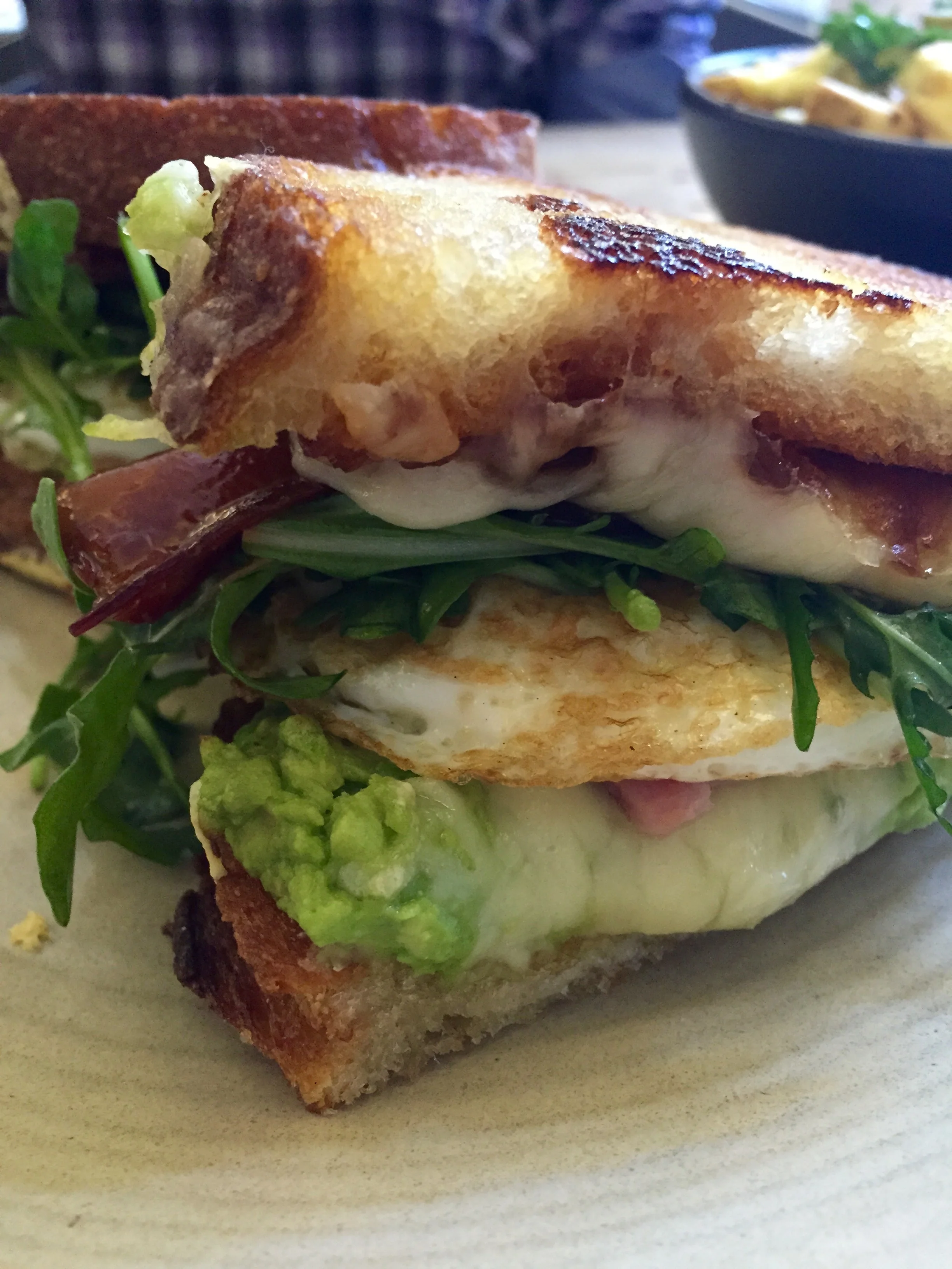 Littlefork Melt with Maple Bacon, ham, onion marmalade, avocado, eggs over-easy, cheddar, and Jarlsberg.