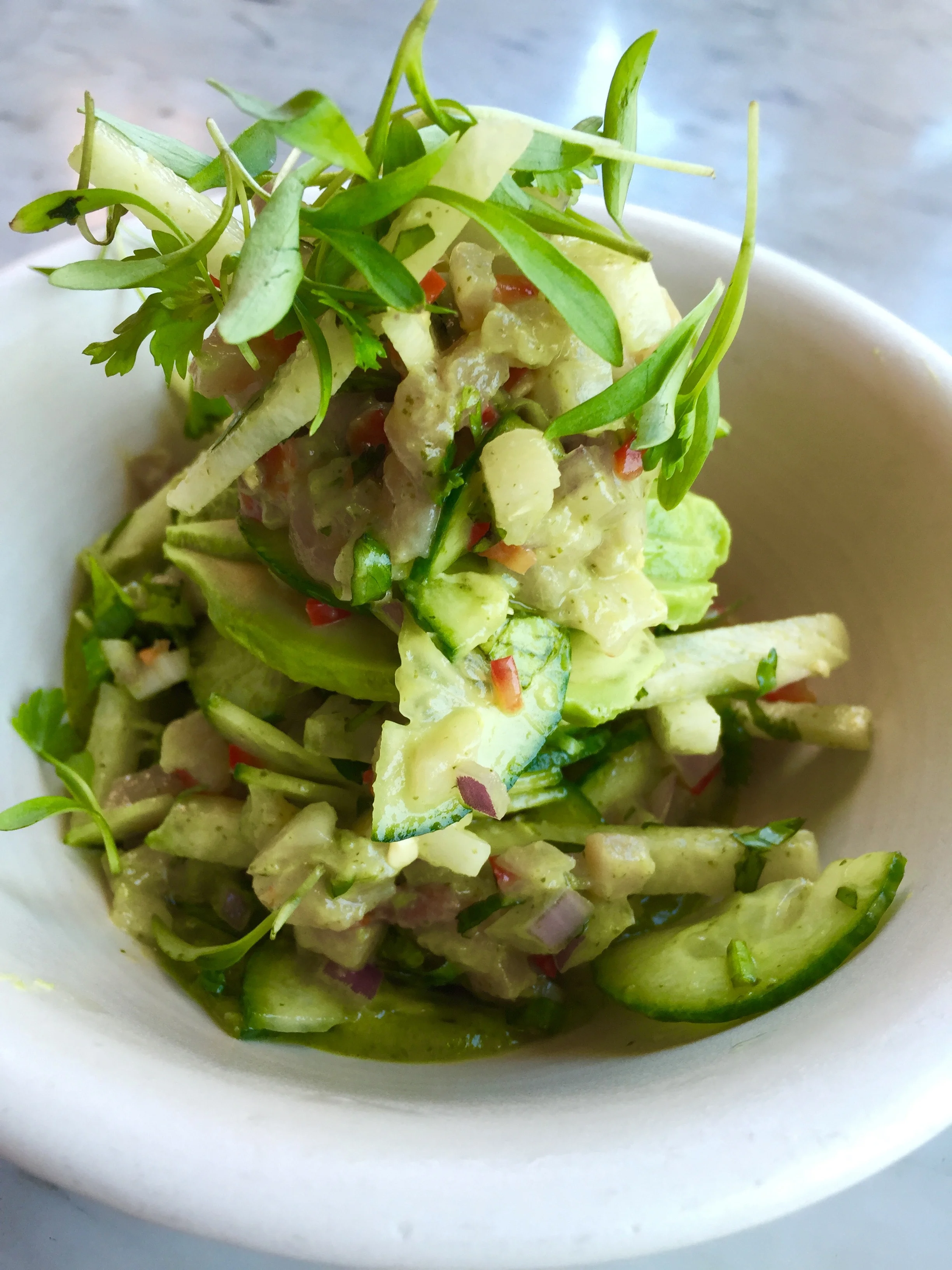 Aguachile, hamachi, cucumber, avocado, onion, jicama, and cilantro.