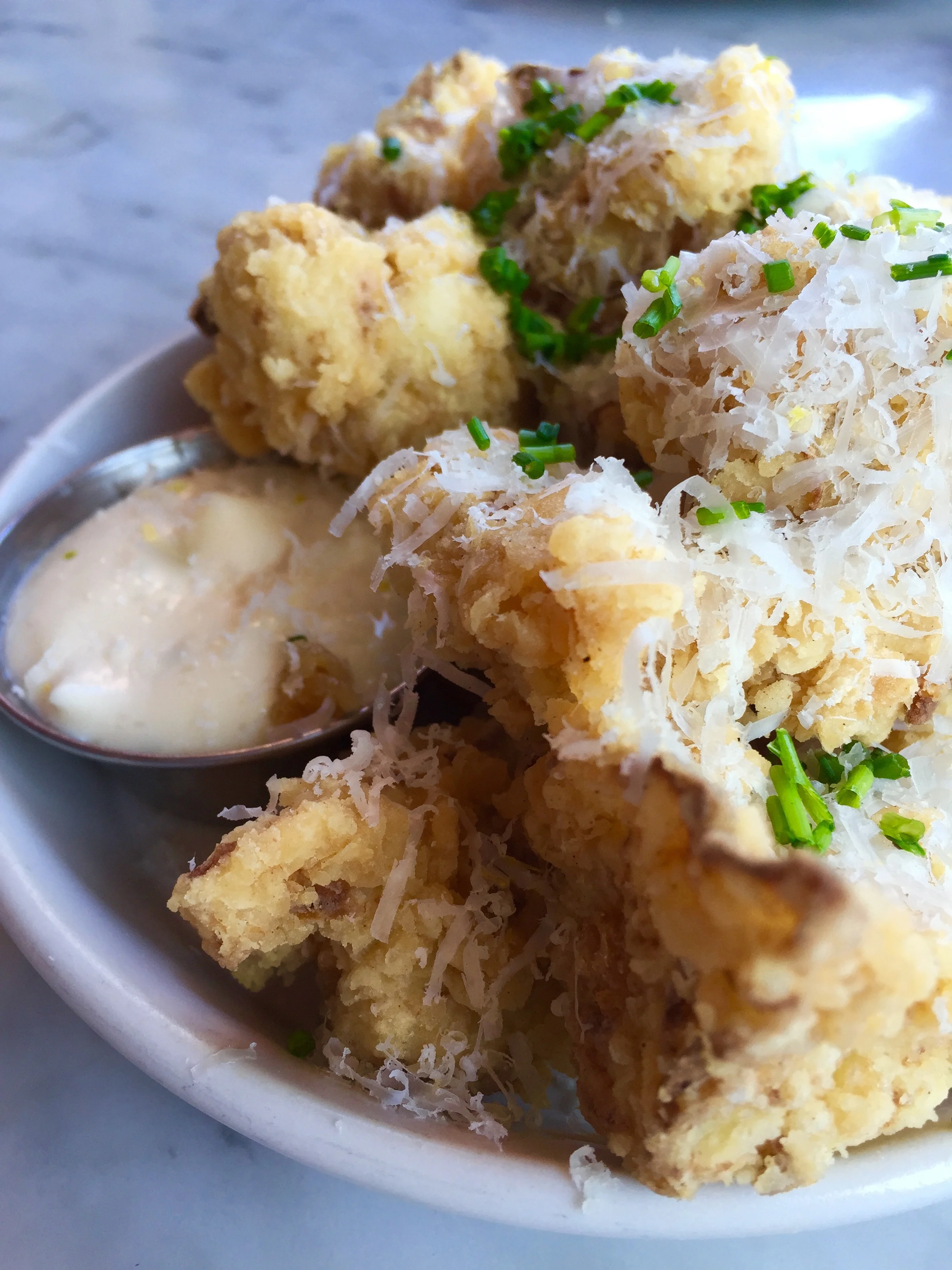 Fried cauliflower with lemon aioli.