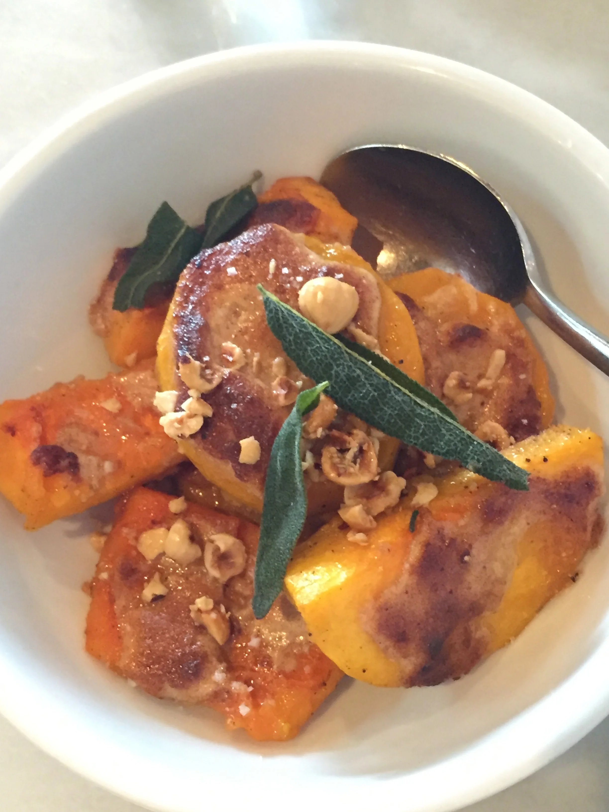 Butternut Squash with vanilla date butter, crispy sage, hazelnuts, and sea salt.