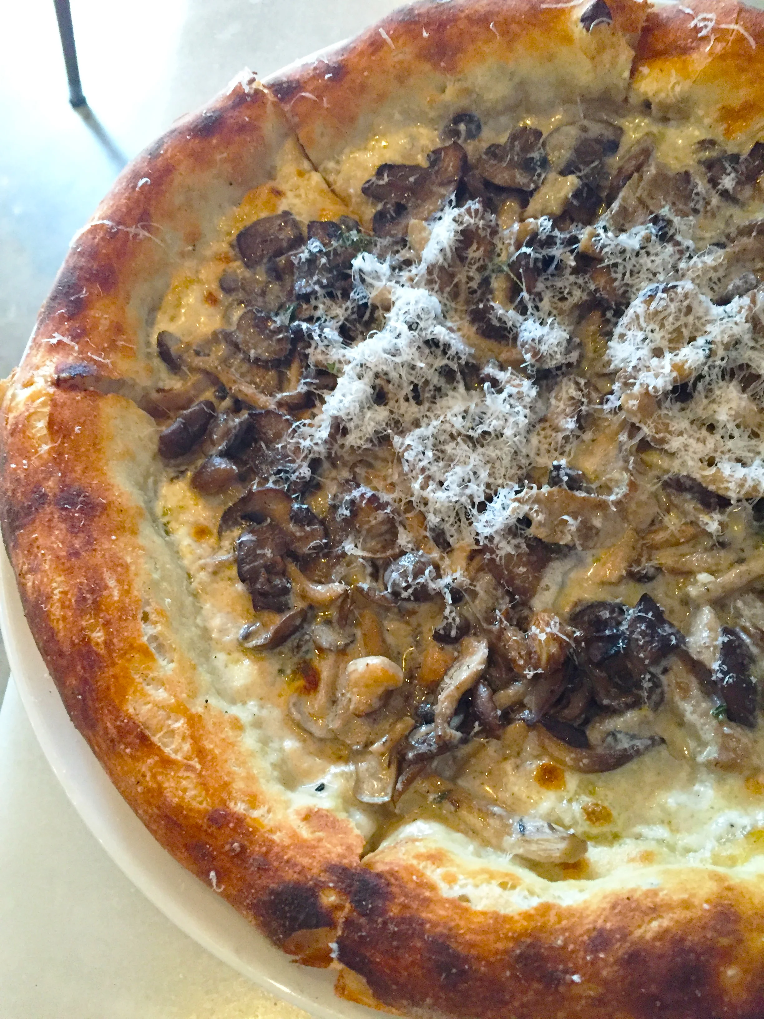 Mixed Mushroom Pizza with fontina val d'aosta, thyme, lemon zest, and parmesan.