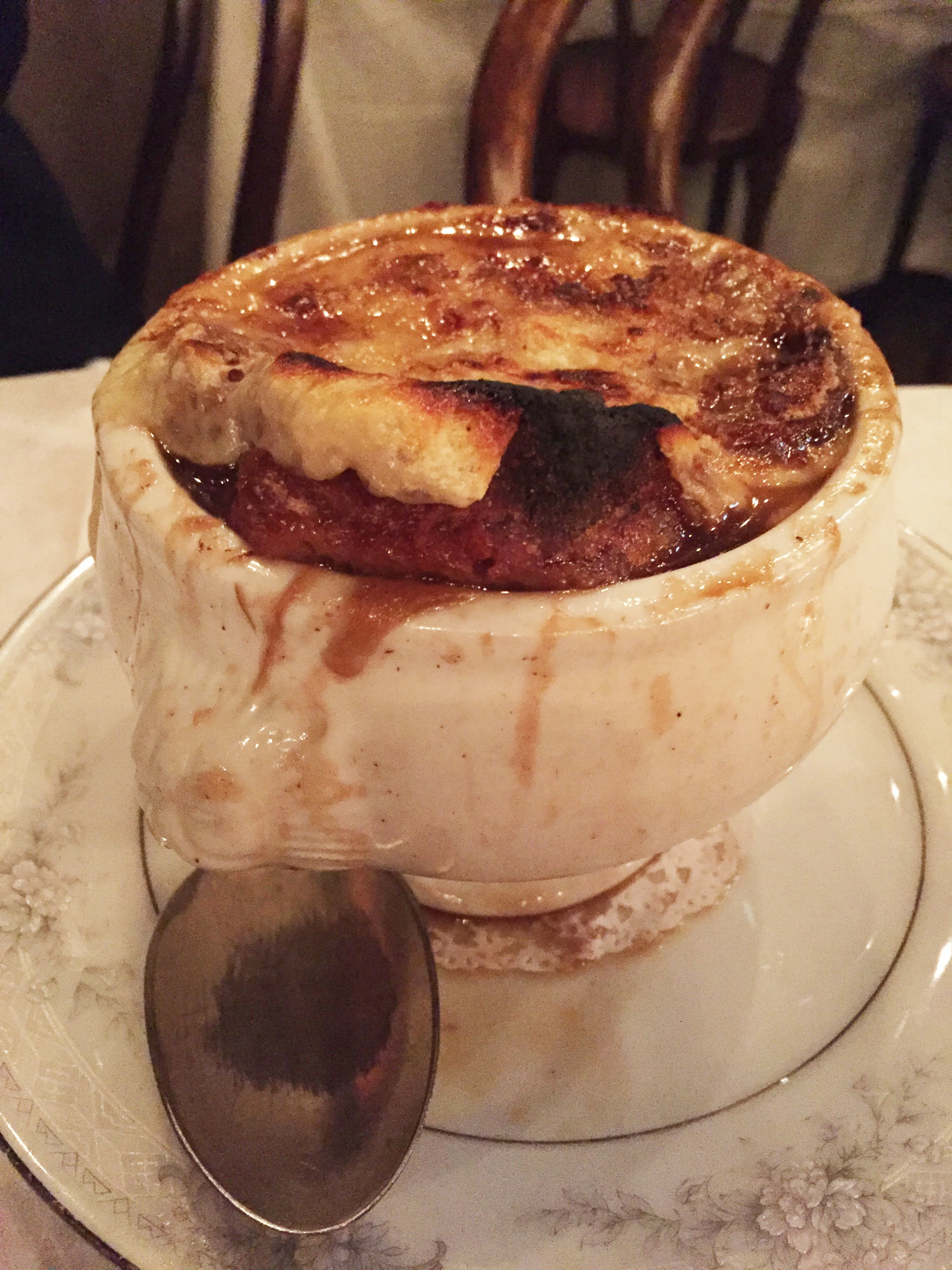 Onion Soup with gruyère de comté, beef jus, and crouton.